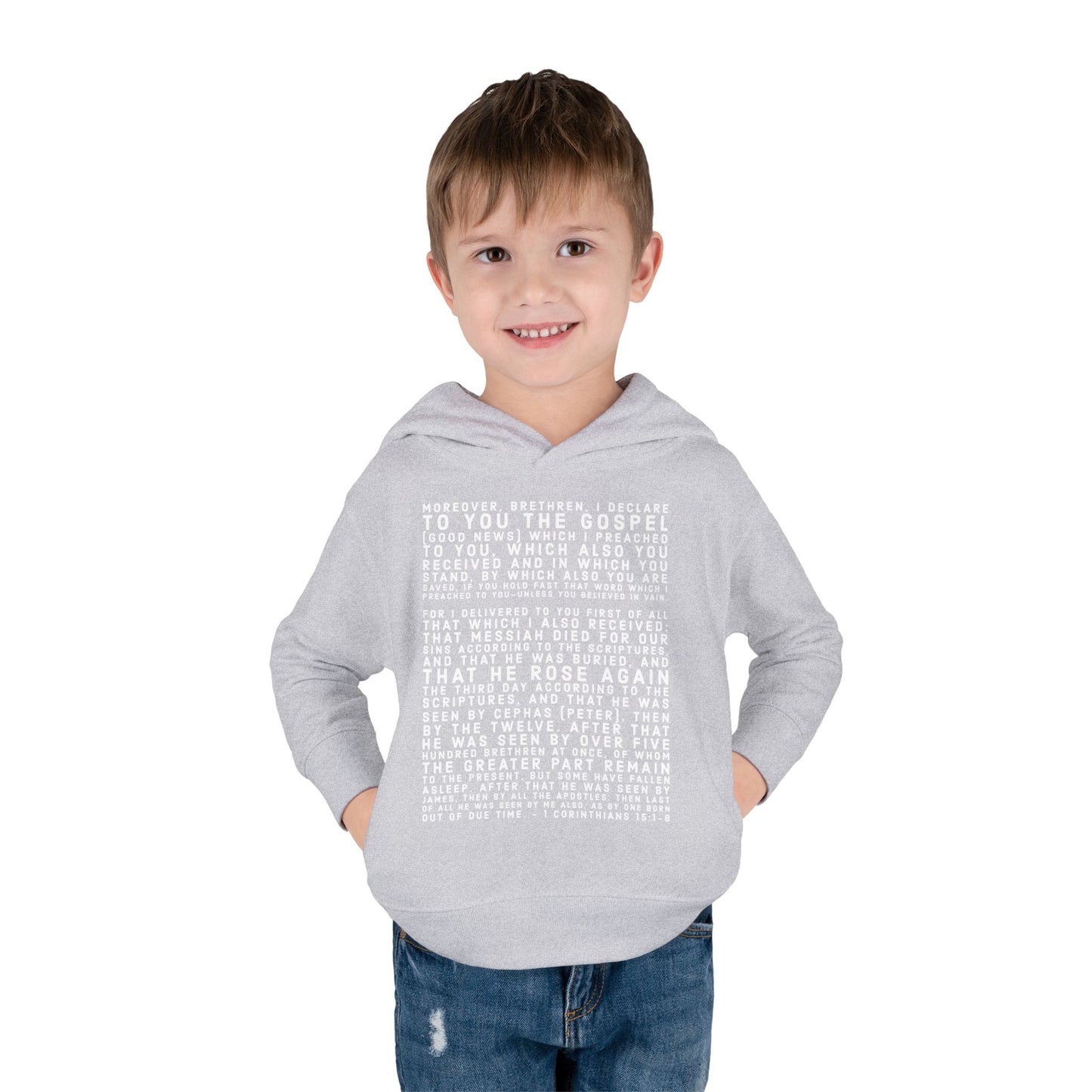 'I declare to you the gospel' - Front Text, Light Lettered Edition - (15 Color Options) - Toddler Pullover Fleece Hoodie