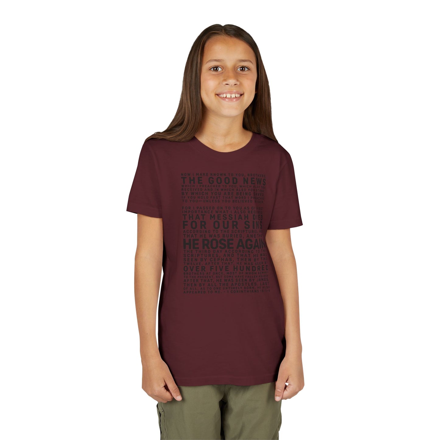 The Gospel - Youth Short Sleeve Tee - Front Text, Dark-Lettered Edition - (17 Colors)