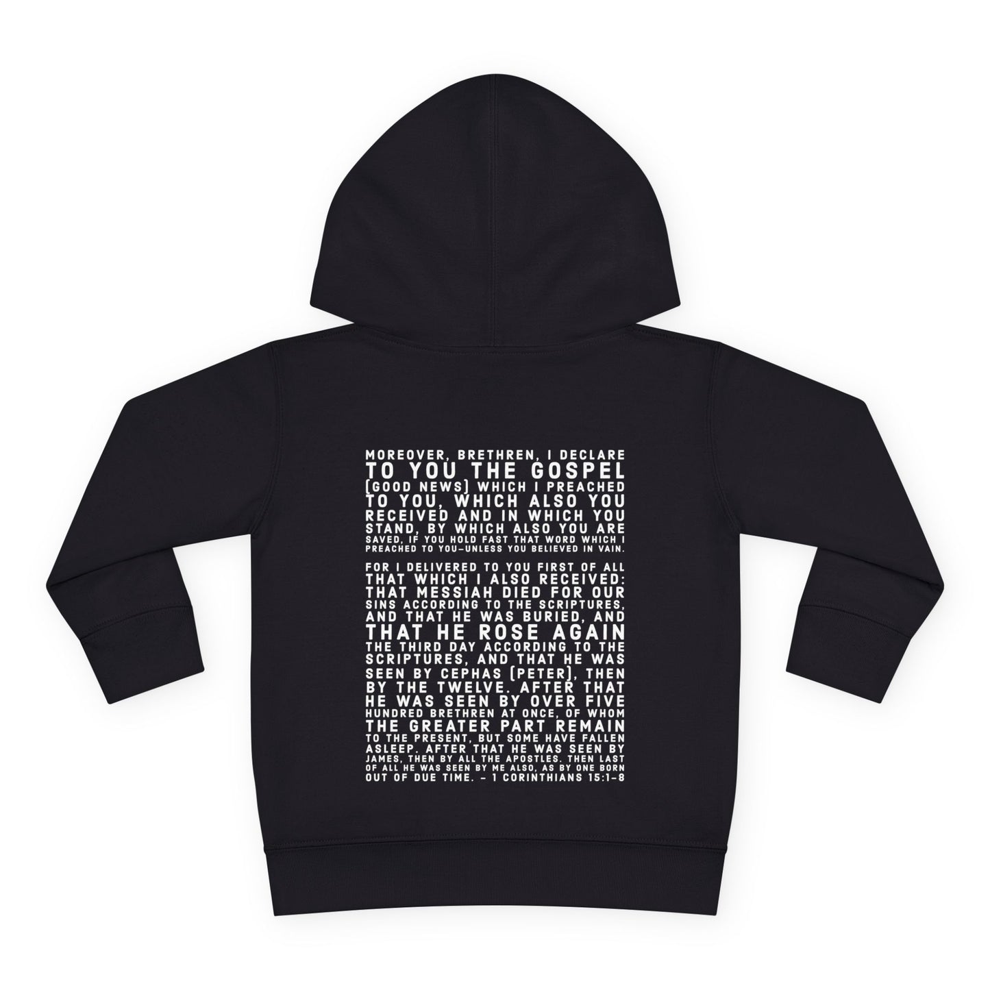 'I declare to you the gospel' - Back Text, Light Lettered Edition - (15 Color Options) - Toddler Pullover Fleece Hoodie