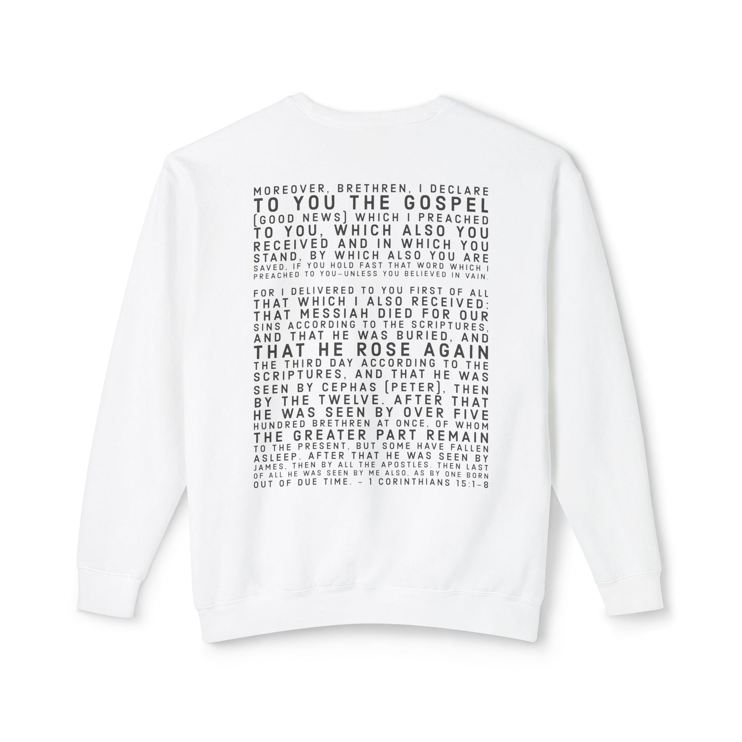'I declare to you the gospel' - Back Text, Dark Lettered Edition - (7 Color Options) - Adult Unisex Lightweight Crewneck Sweatshirt