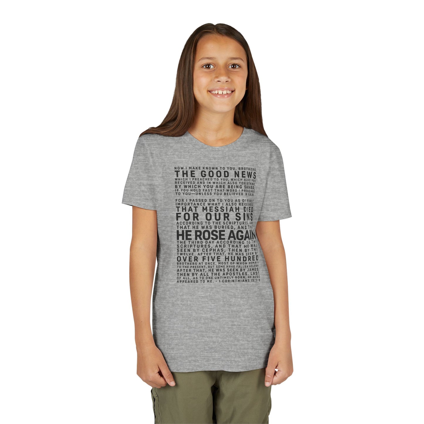 The Gospel - Youth Short Sleeve Tee - Front Text, Dark-Lettered Edition - (17 Colors)