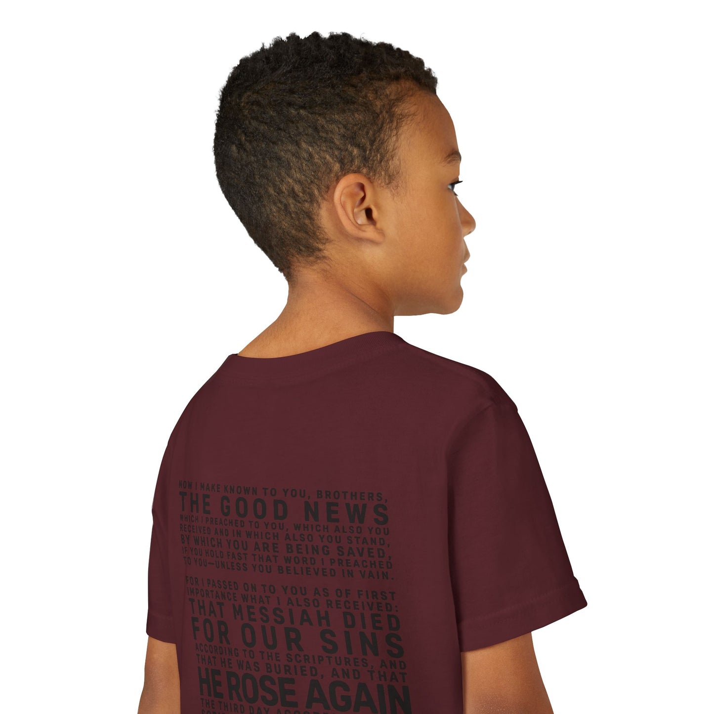 The Gospel - Youth Short Sleeve Tee - Back Text, Dark-Lettered Edition - (17 Colors)