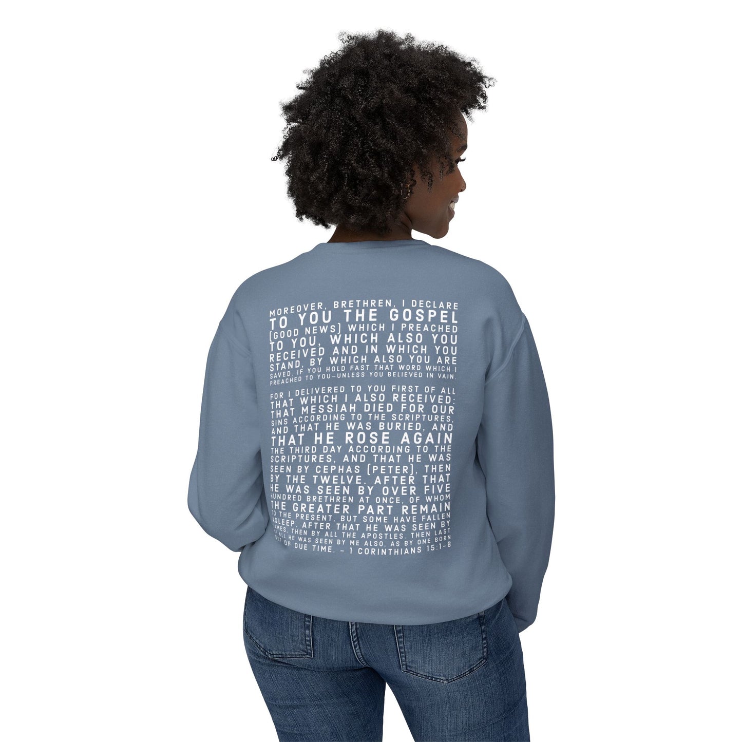 'I declare to you the gospel' - Back Text, Light Lettered Edition - (10 Color Options) - Adult Unisex Lightweight Crewneck Sweatshirt