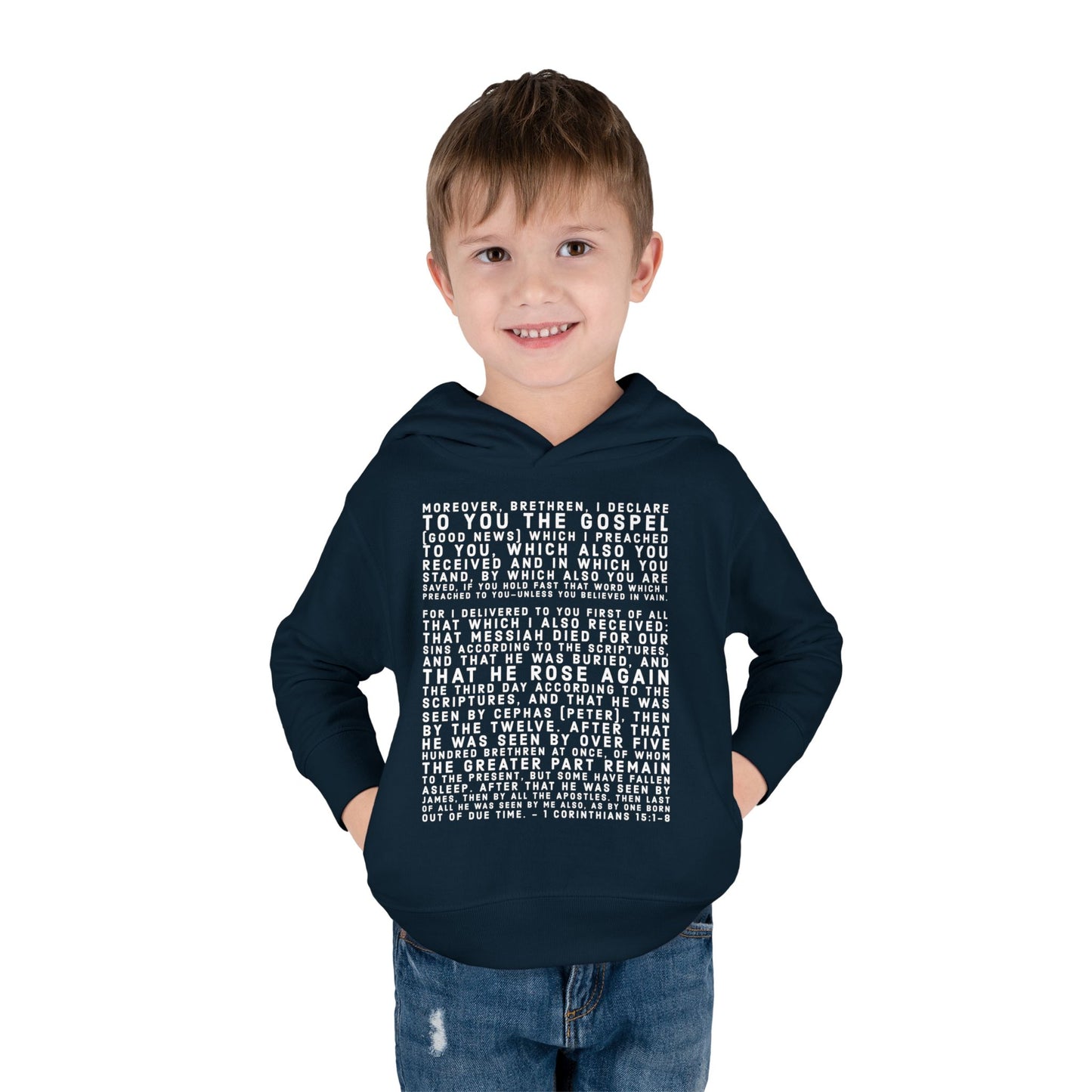 'I declare to you the gospel' - Front Text, Light Lettered Edition - (15 Color Options) - Toddler Pullover Fleece Hoodie