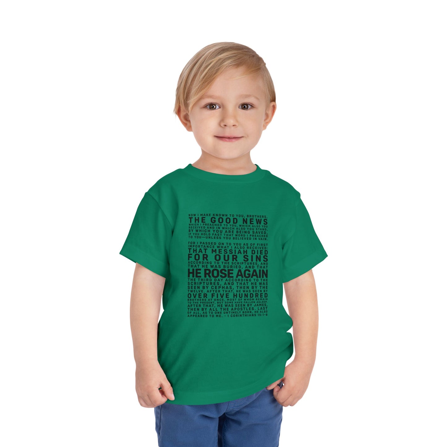 The Gospel - Toddler Short Sleeve Tee - Front Text, Dark-Lettered Edition - (16 Colors)