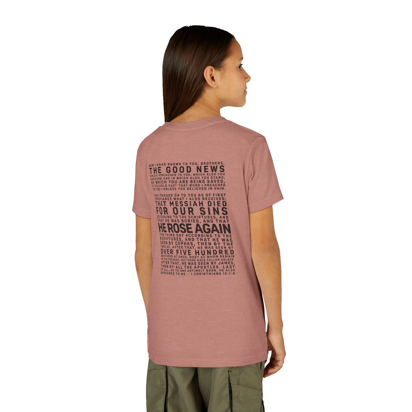 The Gospel - Youth Short Sleeve Tee - Back Text, Dark-Lettered Edition - (17 Colors)