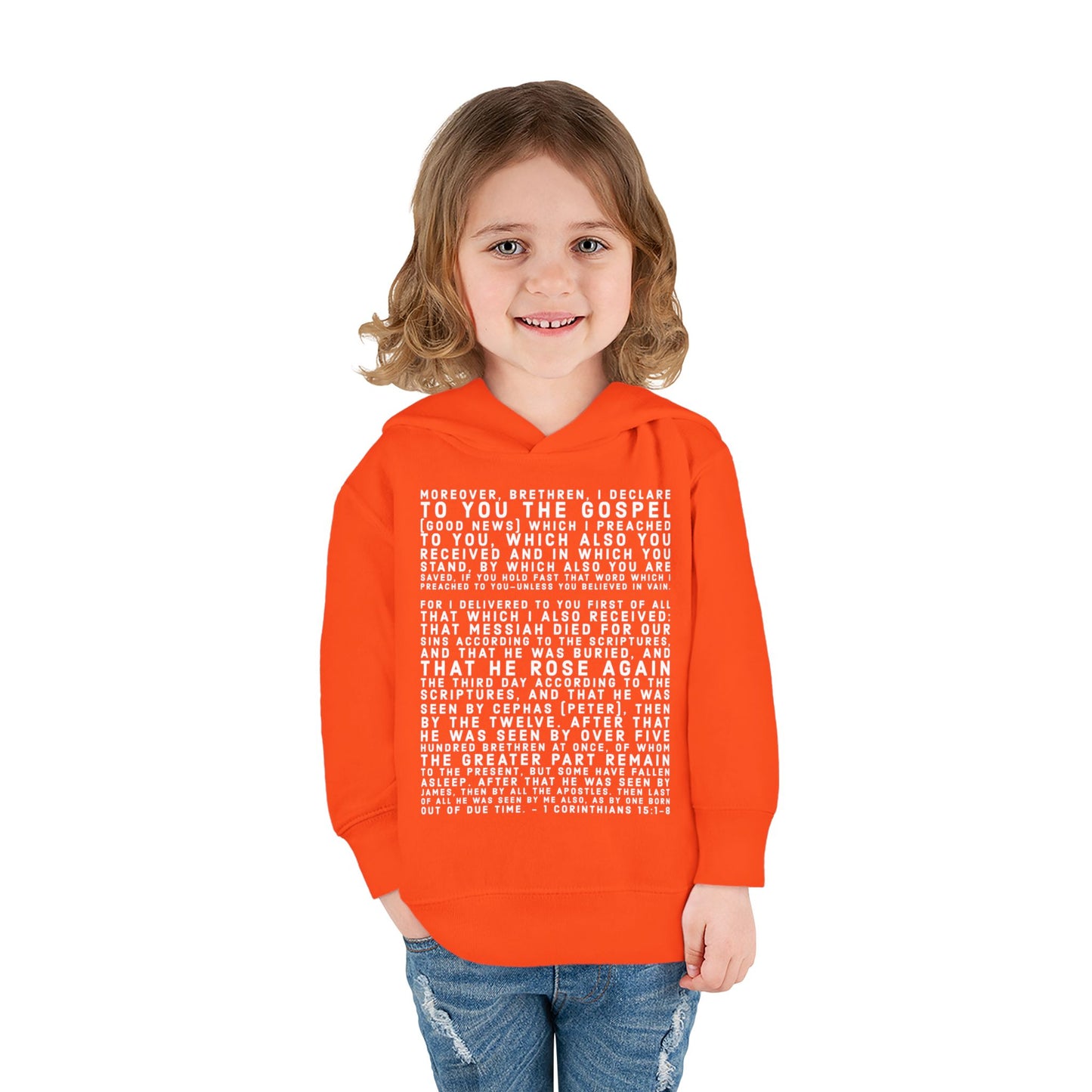 'I declare to you the gospel' - Front Text, Light Lettered Edition - (15 Color Options) - Toddler Pullover Fleece Hoodie