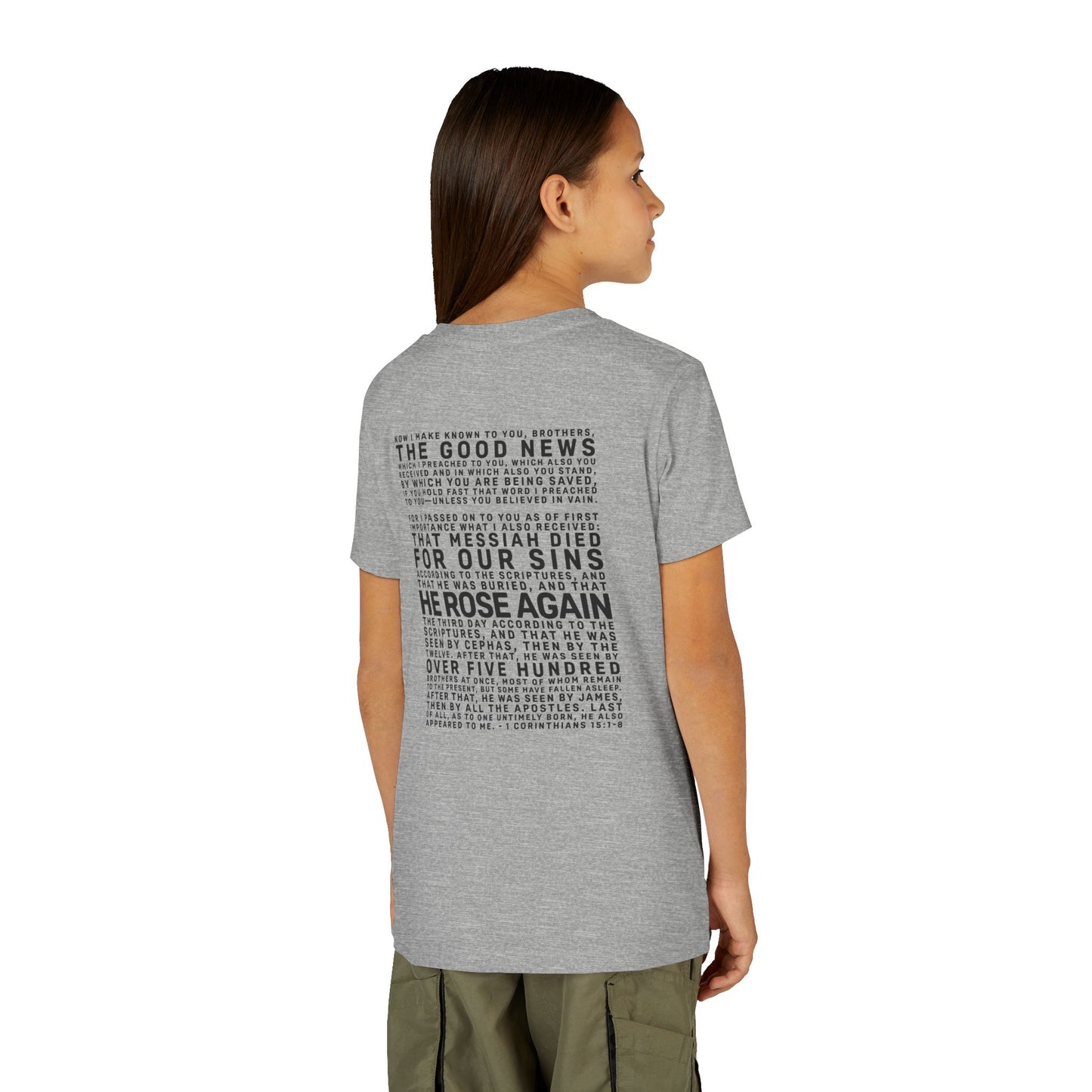 The Gospel - Youth Short Sleeve Tee - Back Text, Dark-Lettered Edition - (17 Colors)