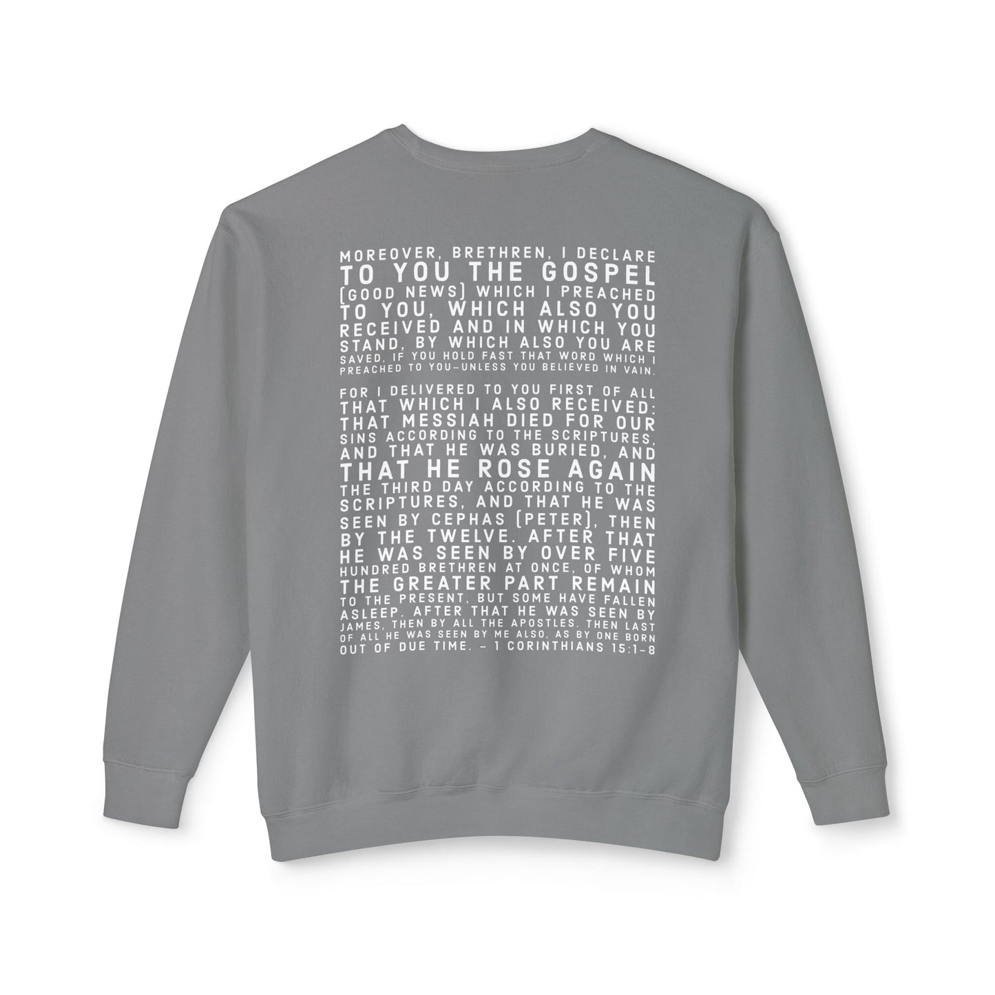 'I declare to you the gospel' - Back Text, Light Lettered Edition - (10 Color Options) - Adult Unisex Lightweight Crewneck Sweatshirt