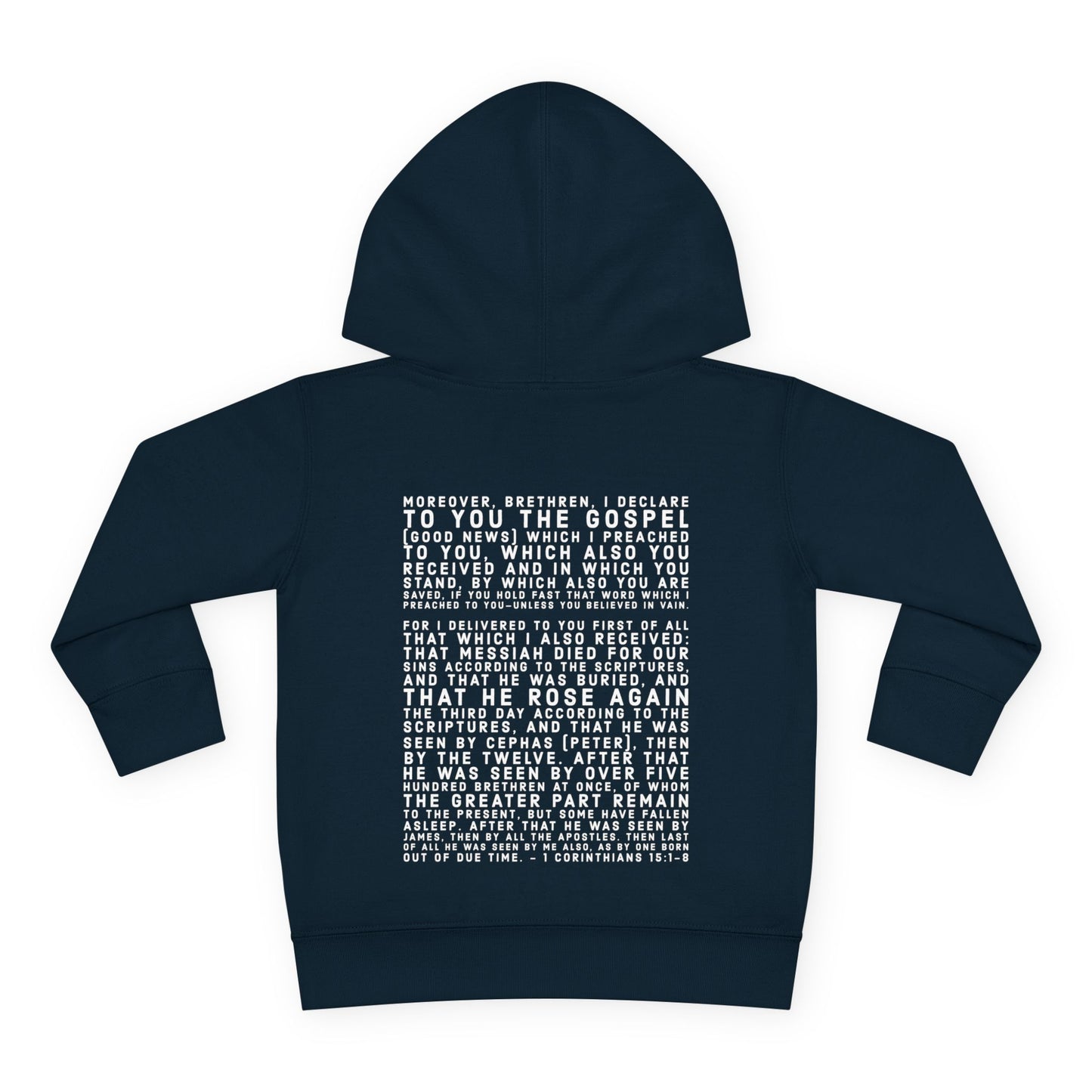'I declare to you the gospel' - Back Text, Light Lettered Edition - (15 Color Options) - Toddler Pullover Fleece Hoodie