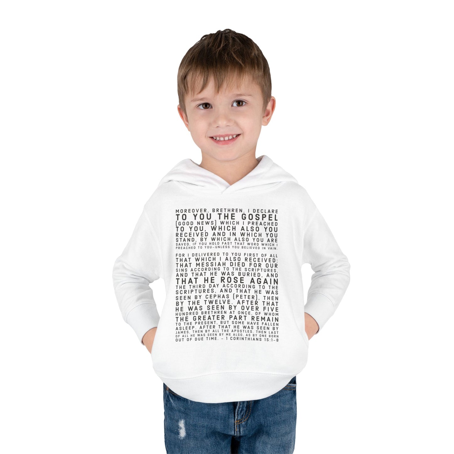 'I declare to you the gospel' - Front Text, Dark Lettered Edition - (7 Color Options) - Toddler Pullover Fleece Hoodie