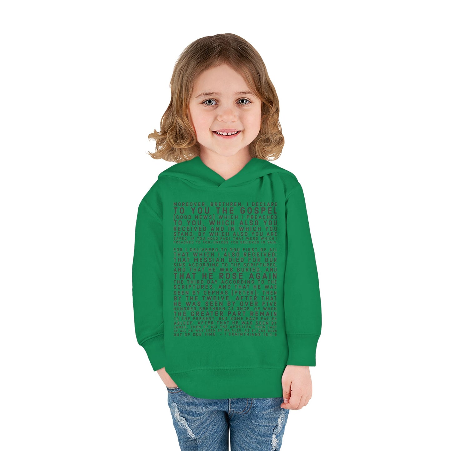 'I declare to you the gospel' - Front Text, Dark Lettered Edition - (7 Color Options) - Toddler Pullover Fleece Hoodie