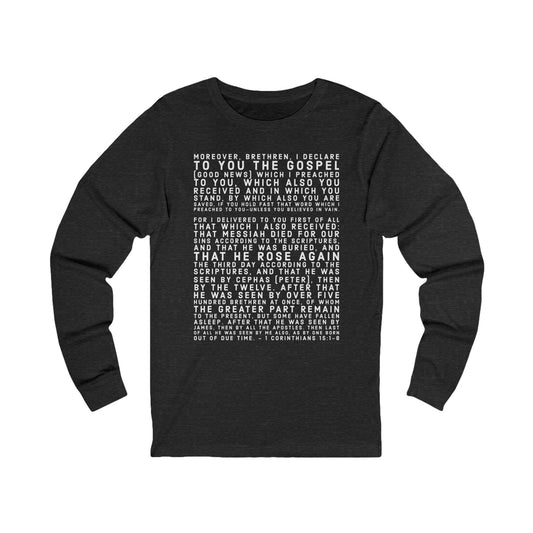 'I declare to you the gospel' - Front Text, Light Lettered Edition - (11 Color Options) - Adult Unisex Jersey Long Sleeve Tee