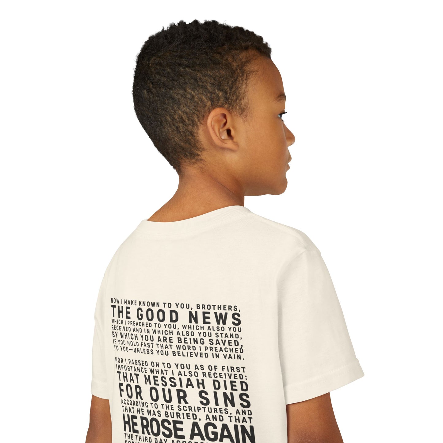 The Gospel - Youth Short Sleeve Tee - Back Text, Dark-Lettered Edition - (17 Colors)