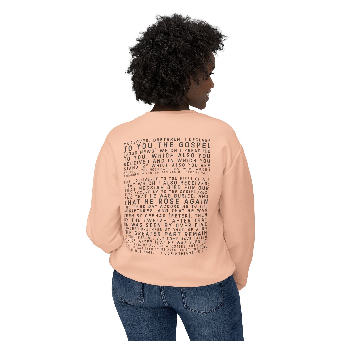 'I declare to you the gospel' - Back Text, Dark Lettered Edition - (7 Color Options) - Adult Unisex Lightweight Crewneck Sweatshirt