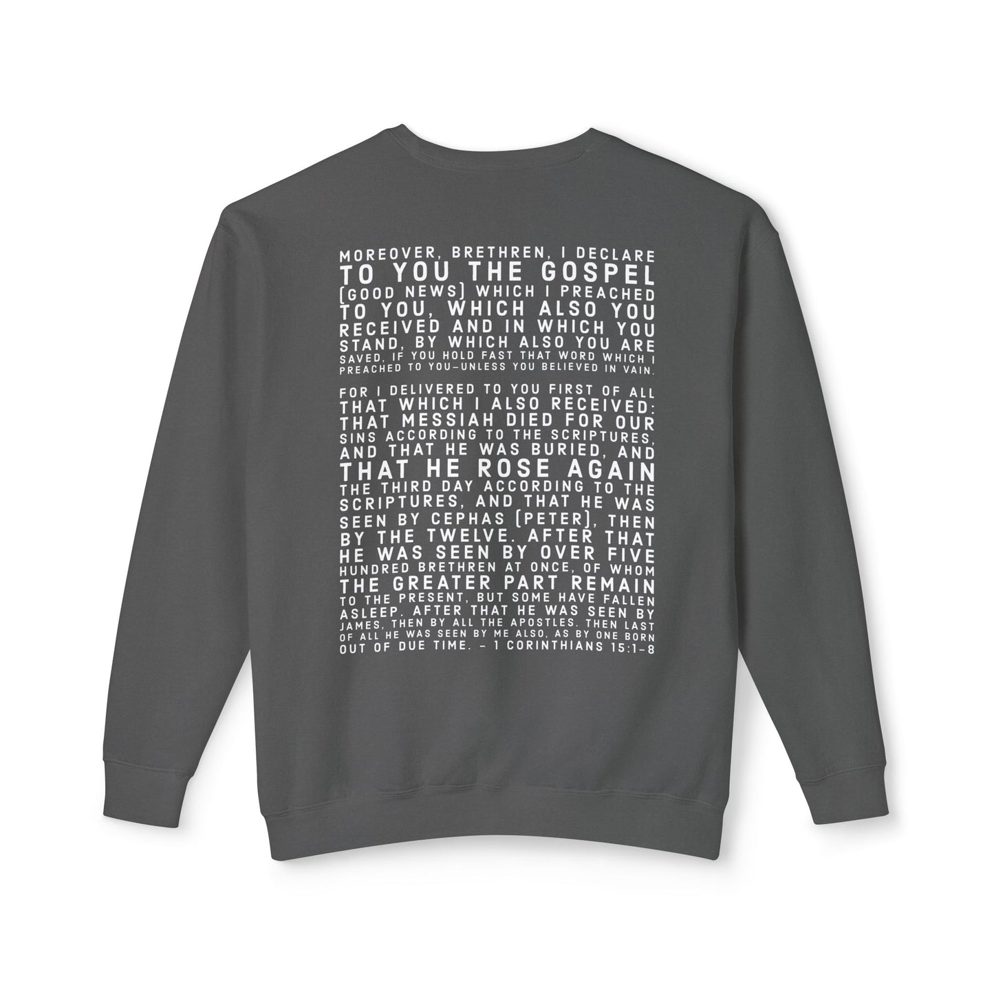 'I declare to you the gospel' - Back Text, Light Lettered Edition - (10 Color Options) - Adult Unisex Lightweight Crewneck Sweatshirt