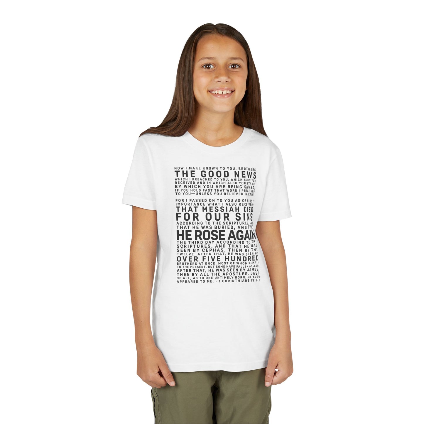 The Gospel - Youth Short Sleeve Tee - Front Text, Dark-Lettered Edition - (17 Colors)