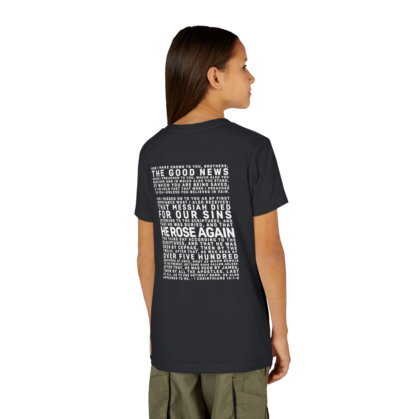 The Gospel - Youth Short Sleeve Tee - Back Text, Light-Lettered Edition - (22 Colors)