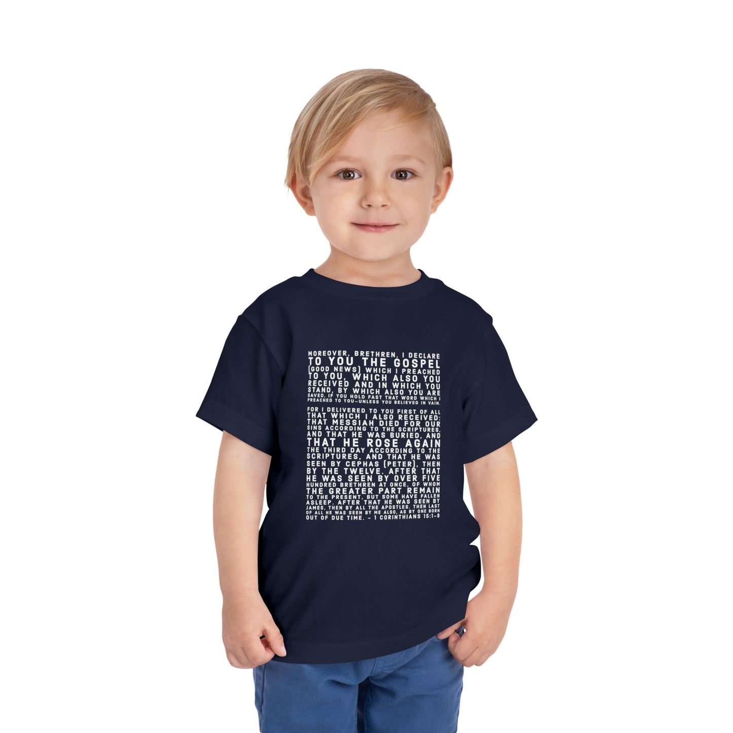 'I declare to you the gospel' - Front Text, Light-Lettered Edition - (9 Color Options) - Toddler Short Sleeve Tee