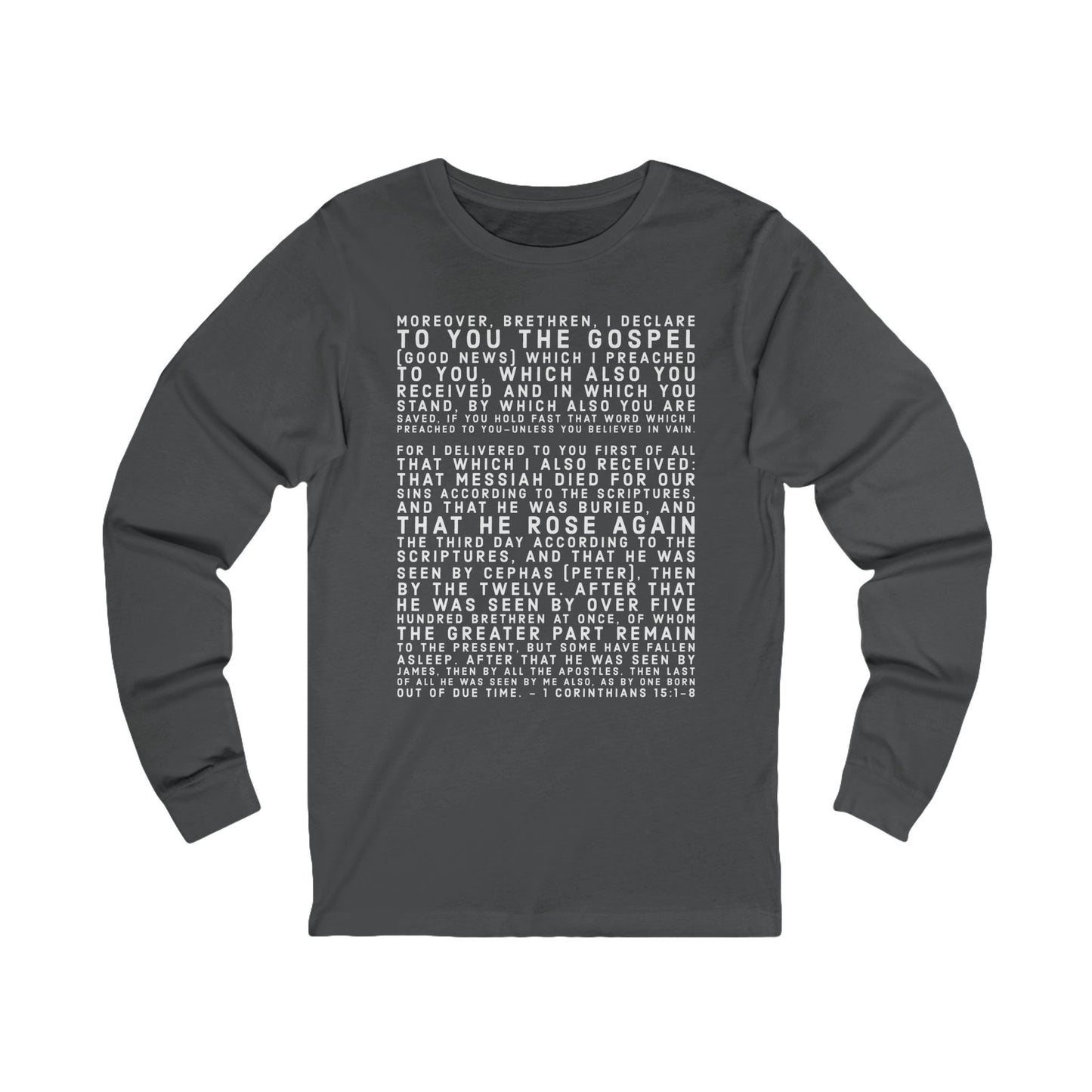 'I declare to you the gospel' - Front Text, Light Lettered Edition - (11 Color Options) - Adult Unisex Jersey Long Sleeve Tee