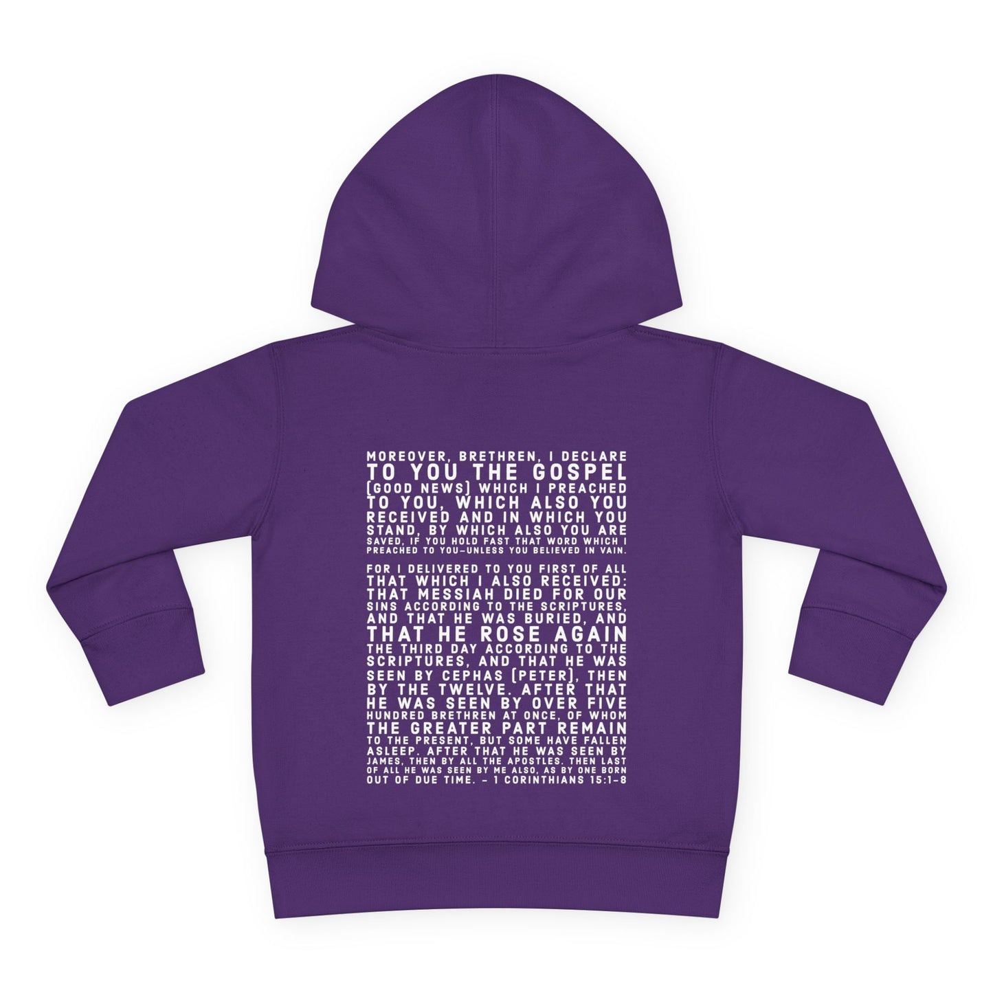 'I declare to you the gospel' - Back Text, Light Lettered Edition - (15 Color Options) - Toddler Pullover Fleece Hoodie