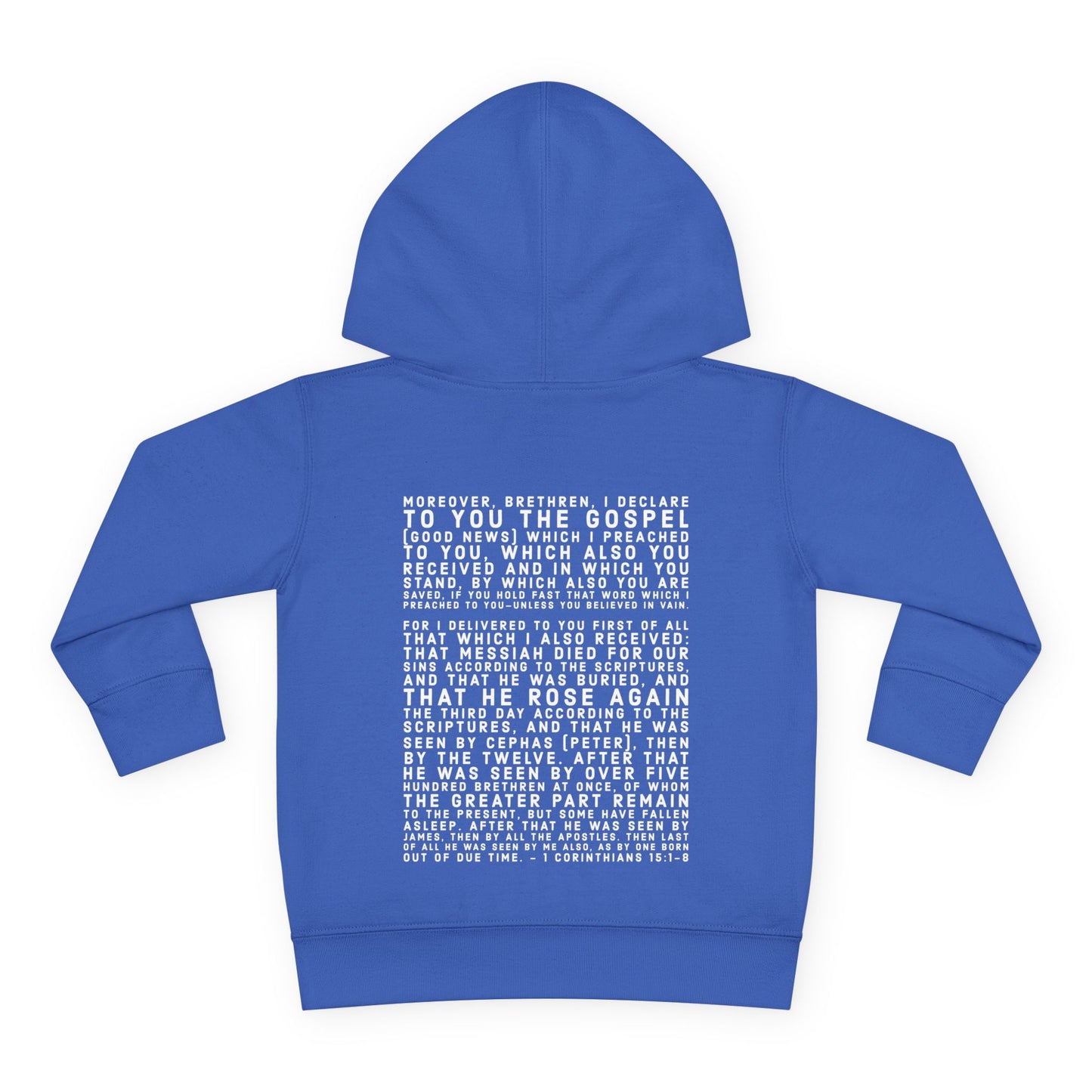 'I declare to you the gospel' - Back Text, Light Lettered Edition - (15 Color Options) - Toddler Pullover Fleece Hoodie