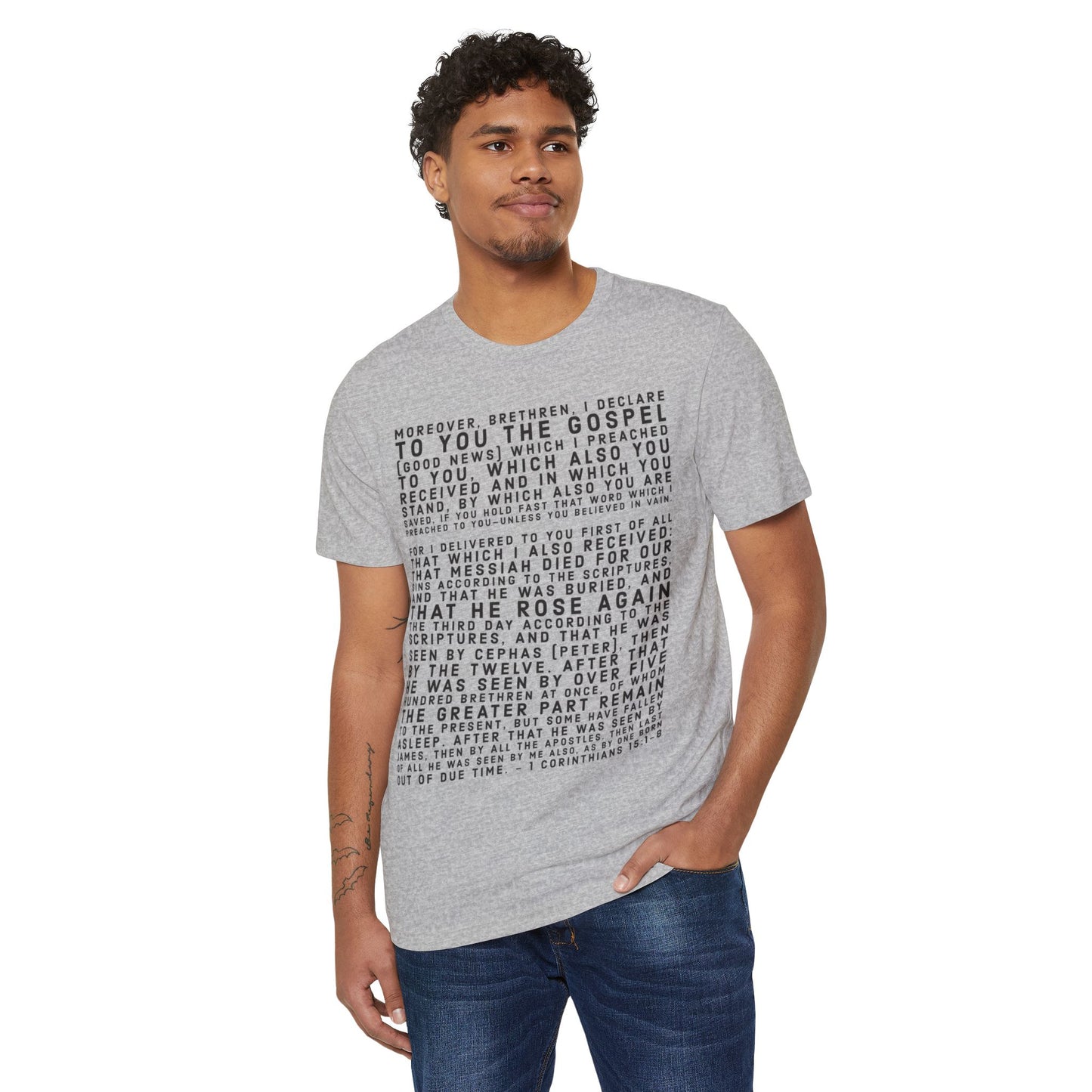 'I declare to you the gospel' - Front Text, Dark-Lettered Edition - (4 Color Options) - Adult Unisex Recycled Organic T-Shirt