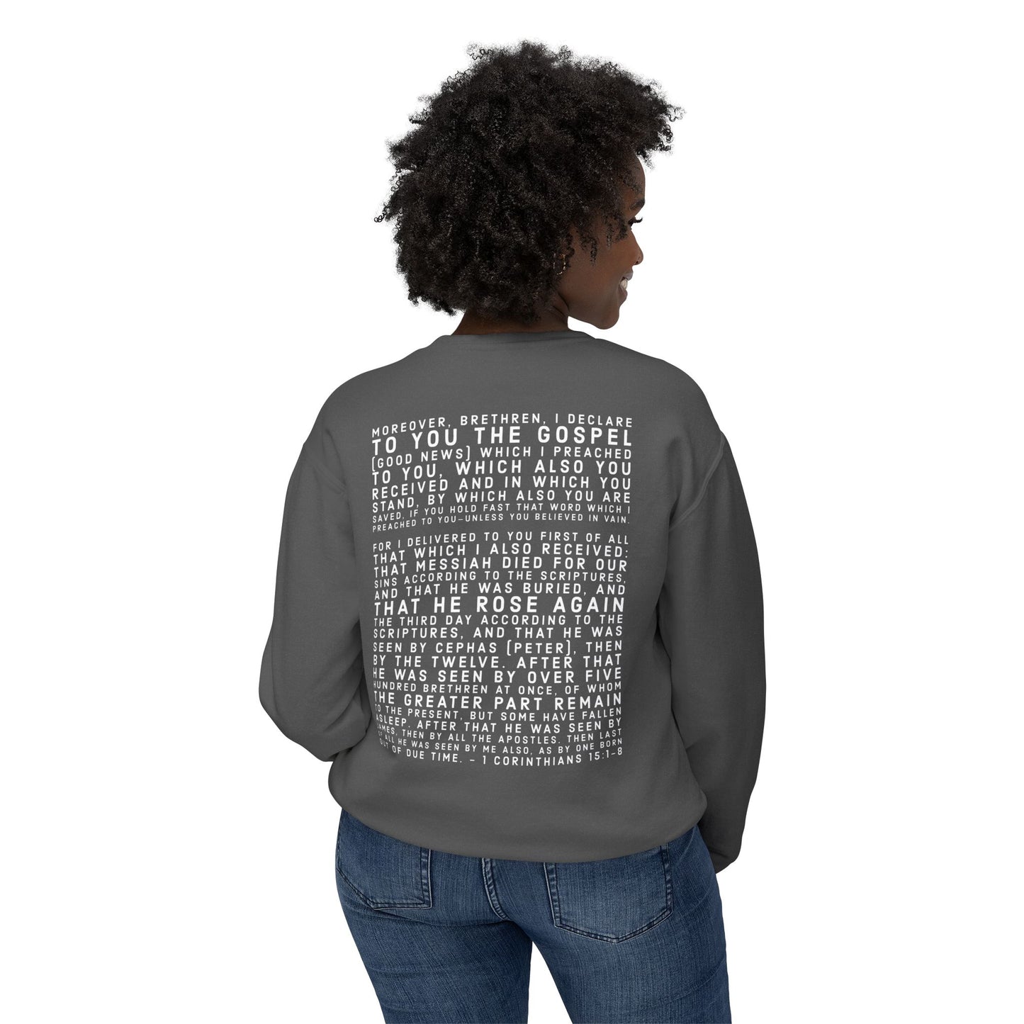 'I declare to you the gospel' - Back Text, Light Lettered Edition - (10 Color Options) - Adult Unisex Lightweight Crewneck Sweatshirt