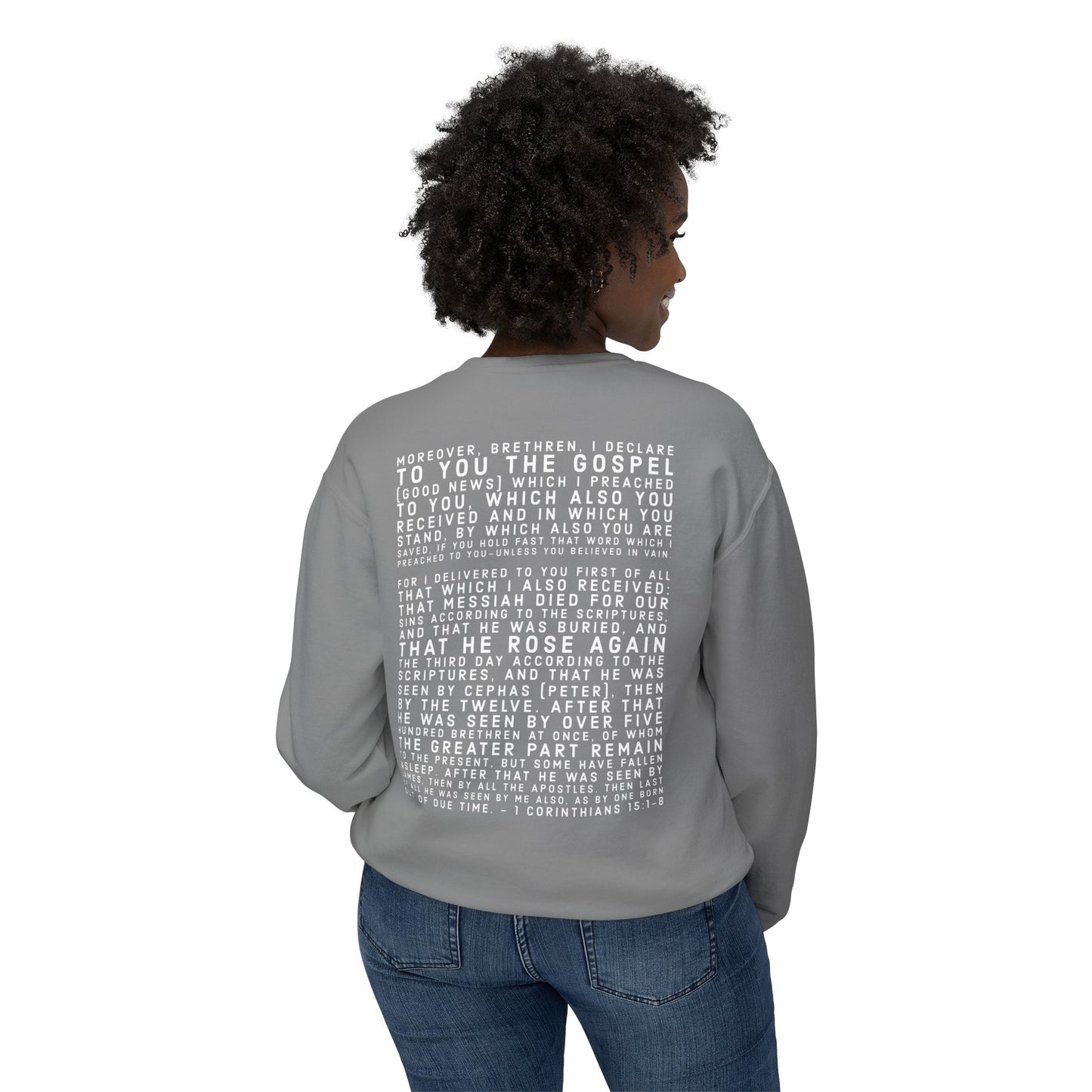 'I declare to you the gospel' - Back Text, Light Lettered Edition - (10 Color Options) - Adult Unisex Lightweight Crewneck Sweatshirt
