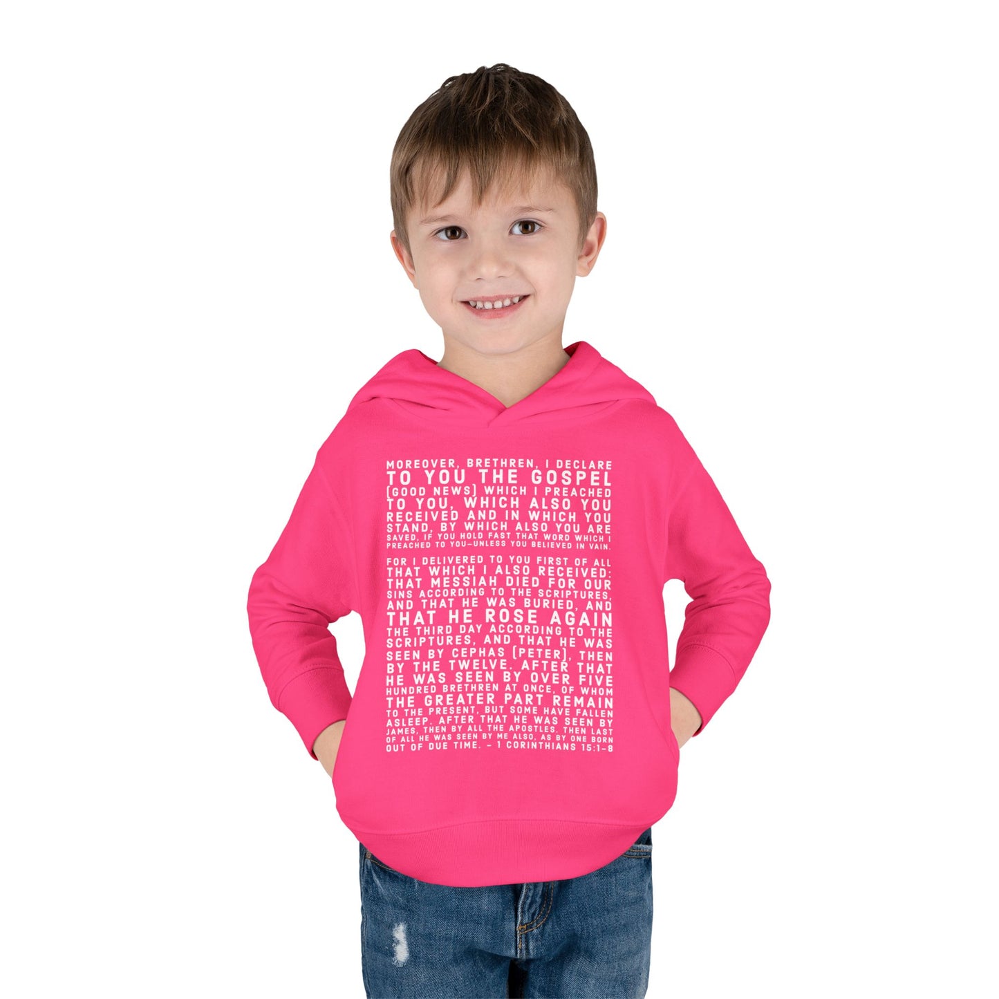 'I declare to you the gospel' - Front Text, Light Lettered Edition - (15 Color Options) - Toddler Pullover Fleece Hoodie