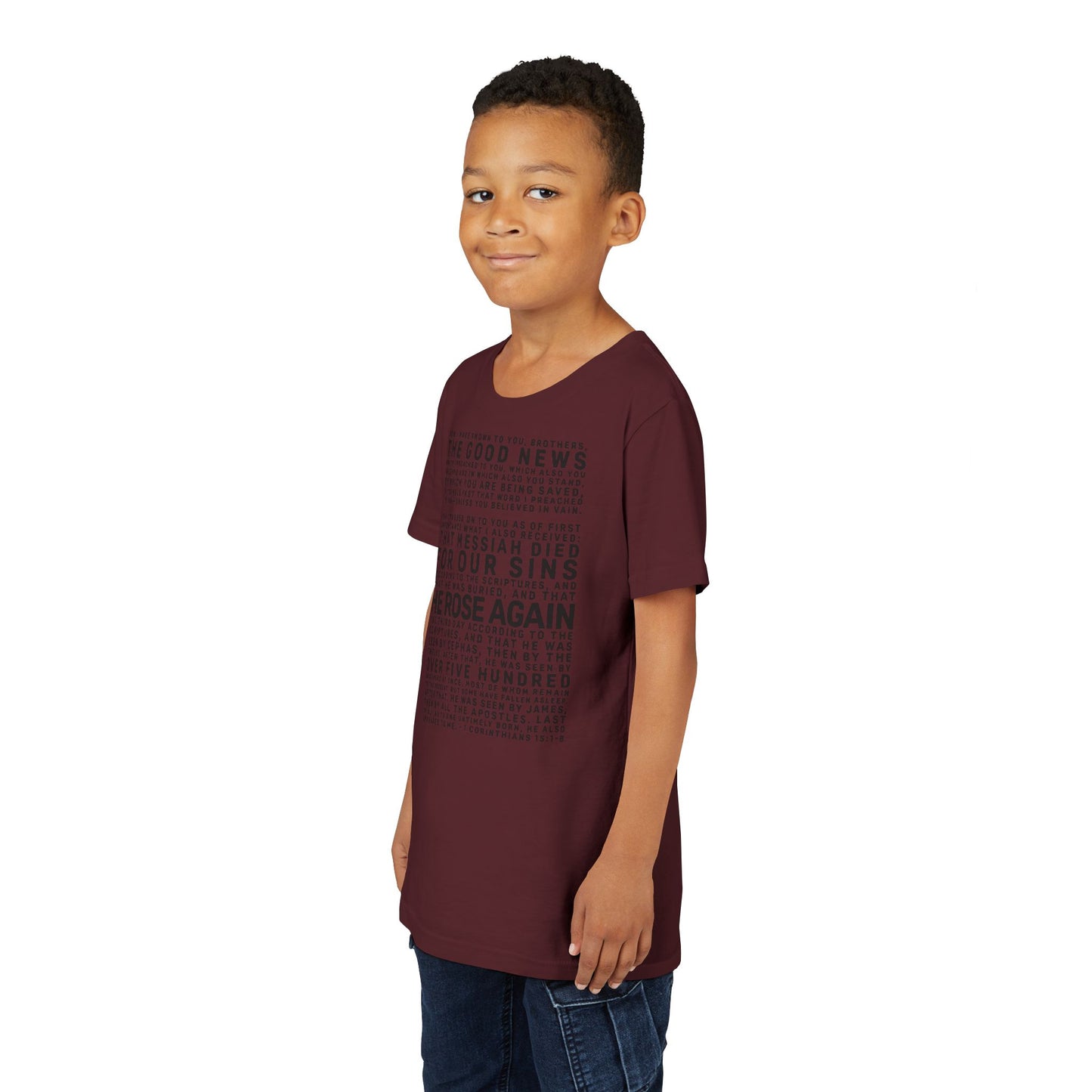 The Gospel - Youth Short Sleeve Tee - Front Text, Dark-Lettered Edition - (17 Colors)