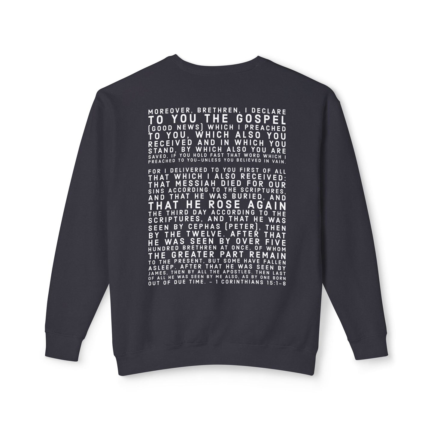 'I declare to you the gospel' - Back Text, Light Lettered Edition - (10 Color Options) - Adult Unisex Lightweight Crewneck Sweatshirt
