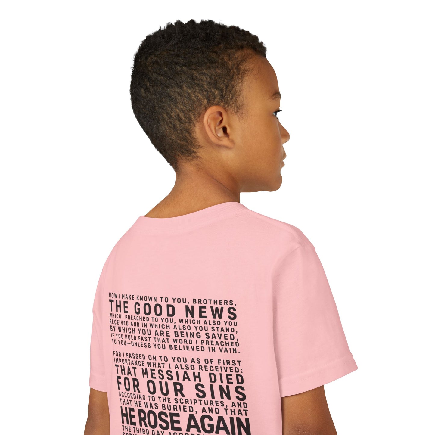 The Gospel - Youth Short Sleeve Tee - Back Text, Dark-Lettered Edition - (17 Colors)