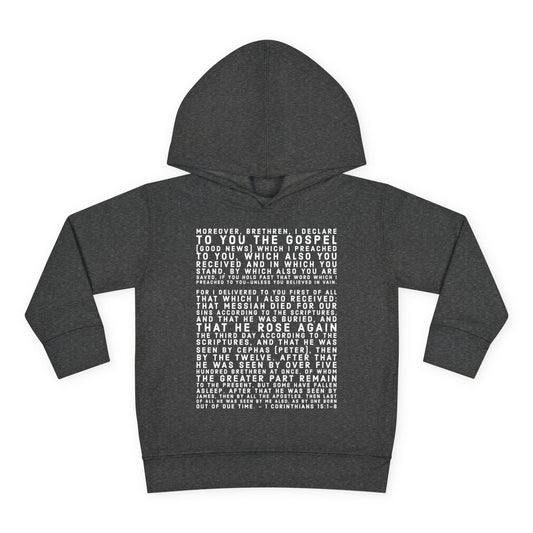'I declare to you the gospel' - Front Text, Light Lettered Edition - (15 Color Options) - Toddler Pullover Fleece Hoodie