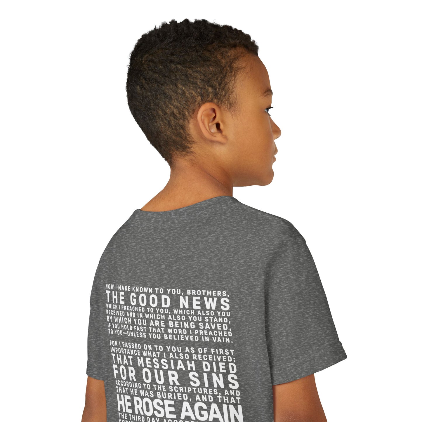 The Gospel - Youth Short Sleeve Tee - Back Text, Light-Lettered Edition - (22 Colors)