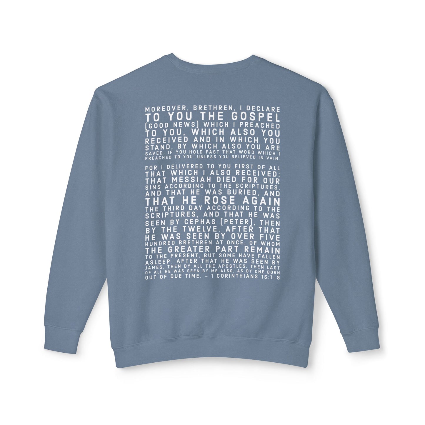 'I declare to you the gospel' - Back Text, Light Lettered Edition - (10 Color Options) - Adult Unisex Lightweight Crewneck Sweatshirt