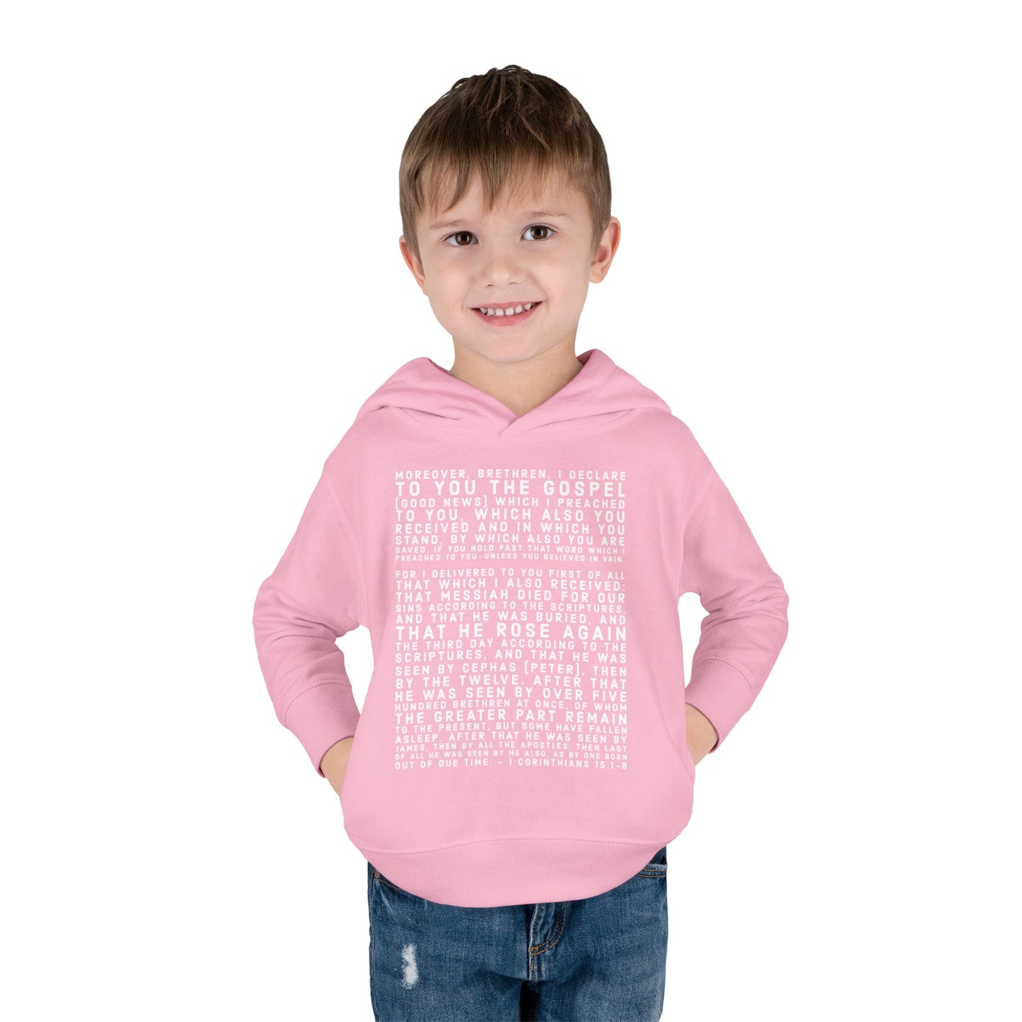 'I declare to you the gospel' - Front Text, Light Lettered Edition - (15 Color Options) - Toddler Pullover Fleece Hoodie