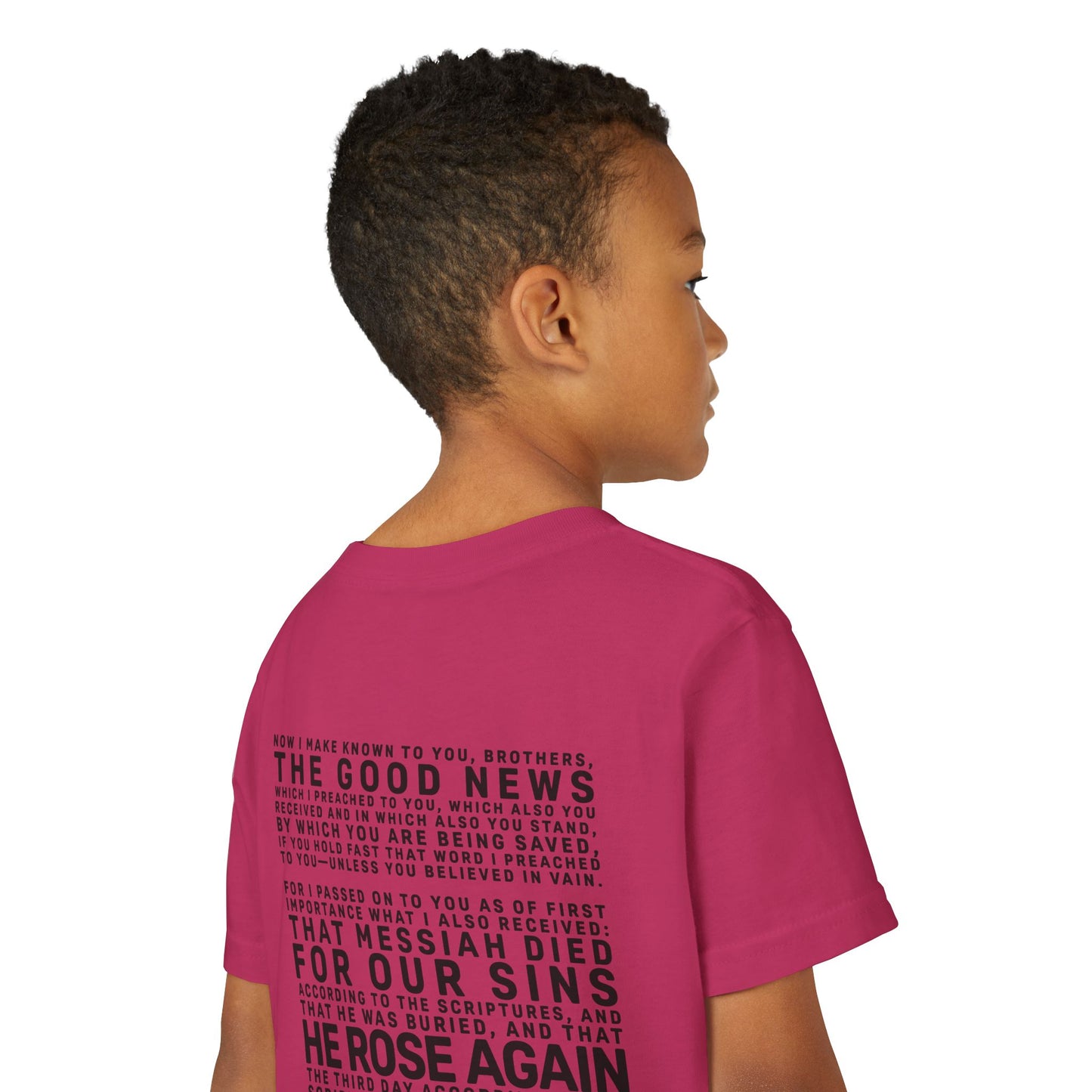 The Gospel - Youth Short Sleeve Tee - Back Text, Dark-Lettered Edition - (17 Colors)
