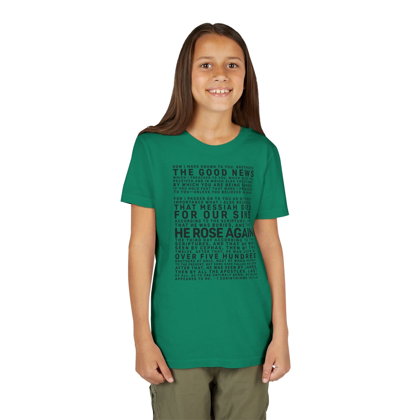 The Gospel - Youth Short Sleeve Tee - Front Text, Dark-Lettered Edition - (17 Colors)