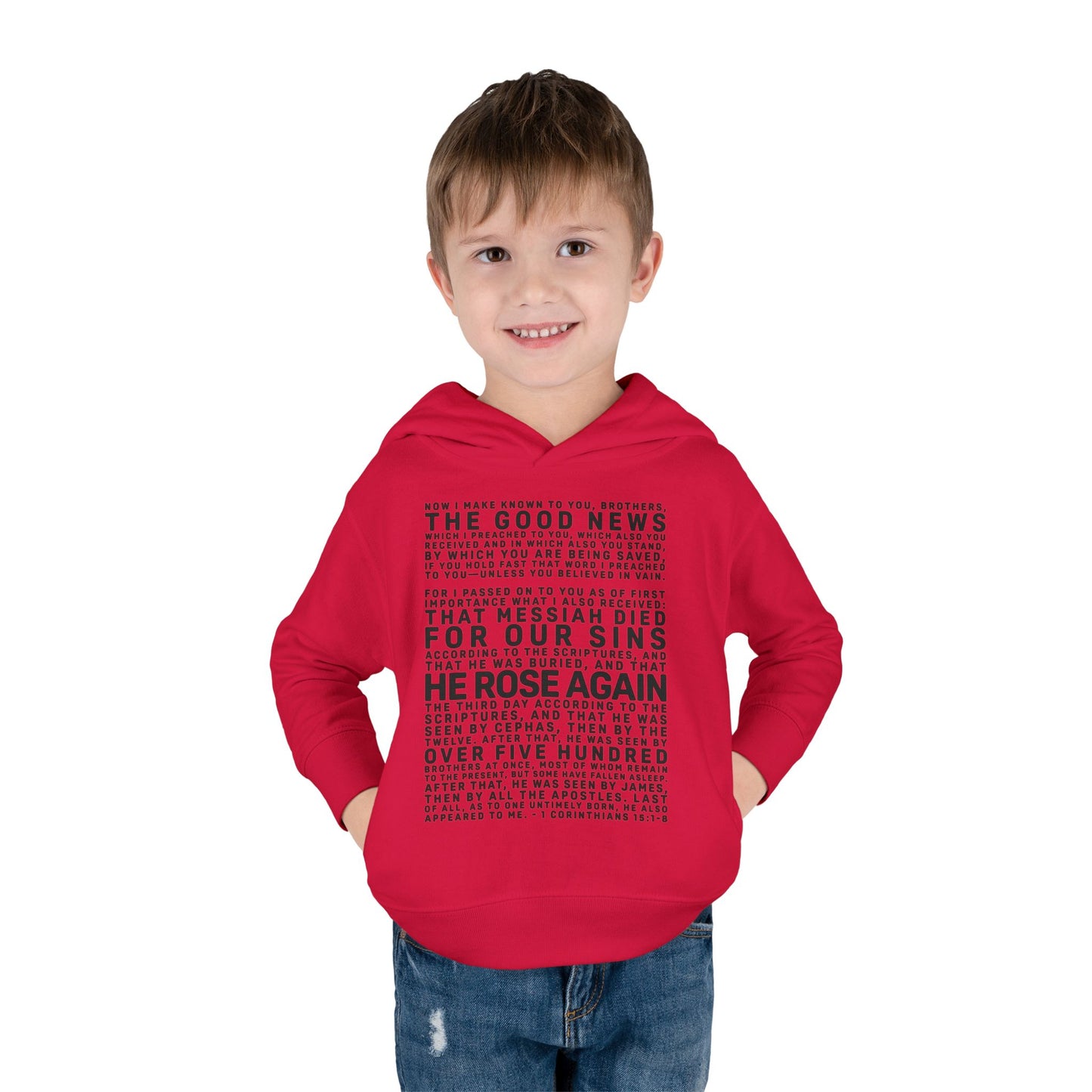 The Gospel - Toddler Pullover Hoodie - Front Text, Dark Lettered Edition - (13 Colors)