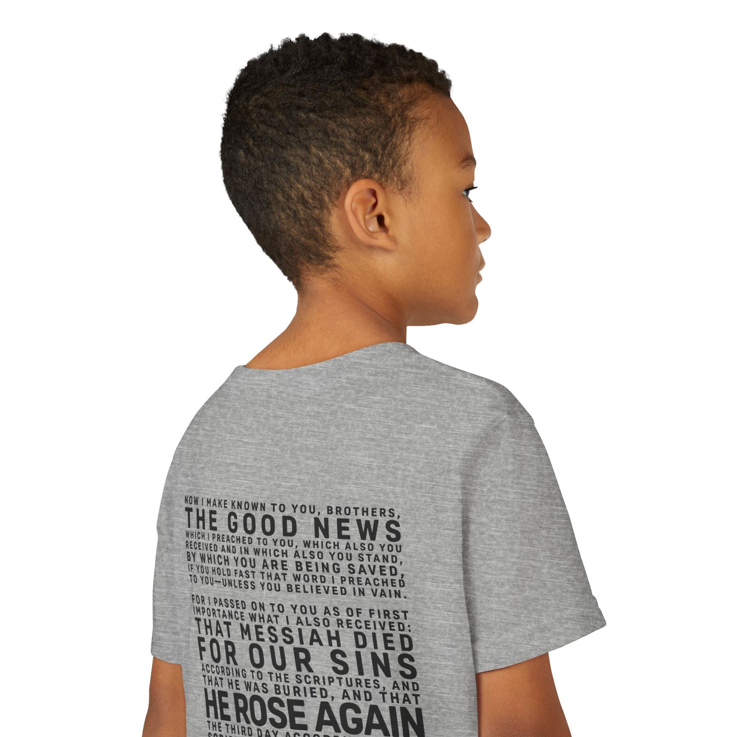 The Gospel - Youth Short Sleeve Tee - Back Text, Dark-Lettered Edition - (17 Colors)