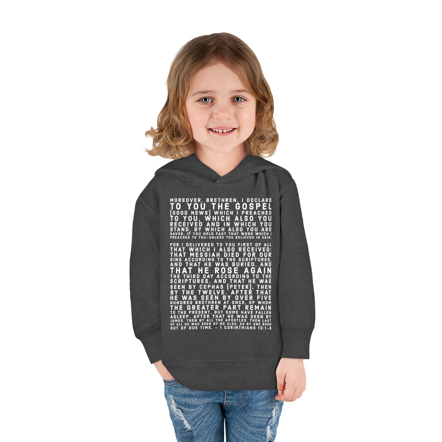 'I declare to you the gospel' - Front Text, Light Lettered Edition - (15 Color Options) - Toddler Pullover Fleece Hoodie