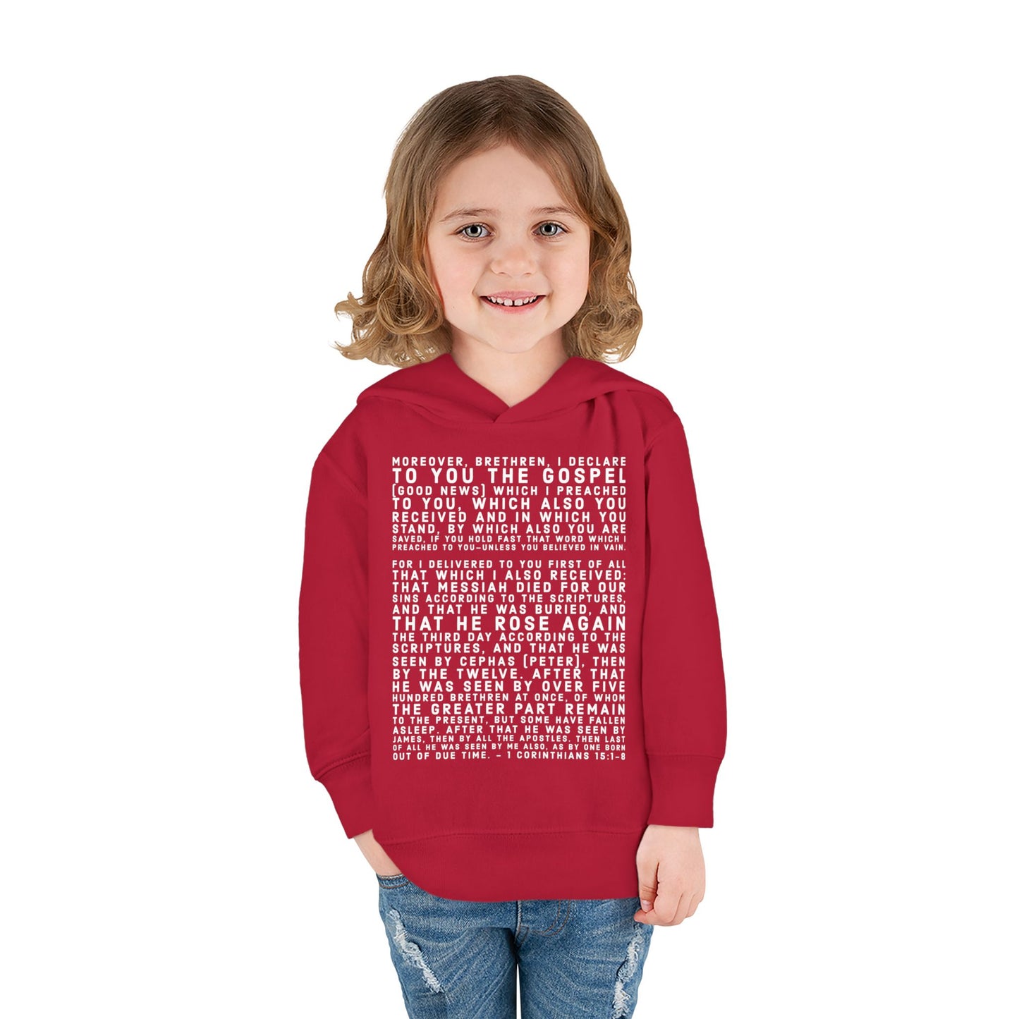 'I declare to you the gospel' - Front Text, Light Lettered Edition - (15 Color Options) - Toddler Pullover Fleece Hoodie