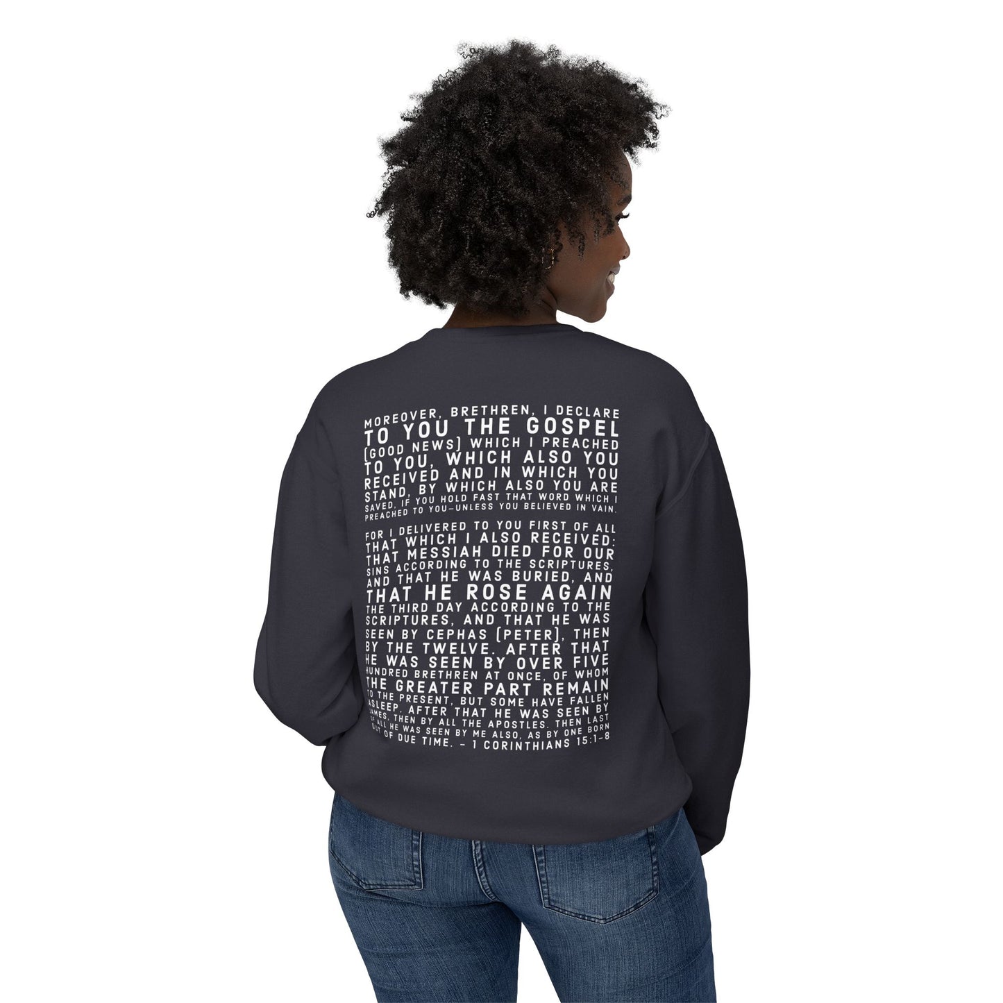 'I declare to you the gospel' - Back Text, Light Lettered Edition - (10 Color Options) - Adult Unisex Lightweight Crewneck Sweatshirt