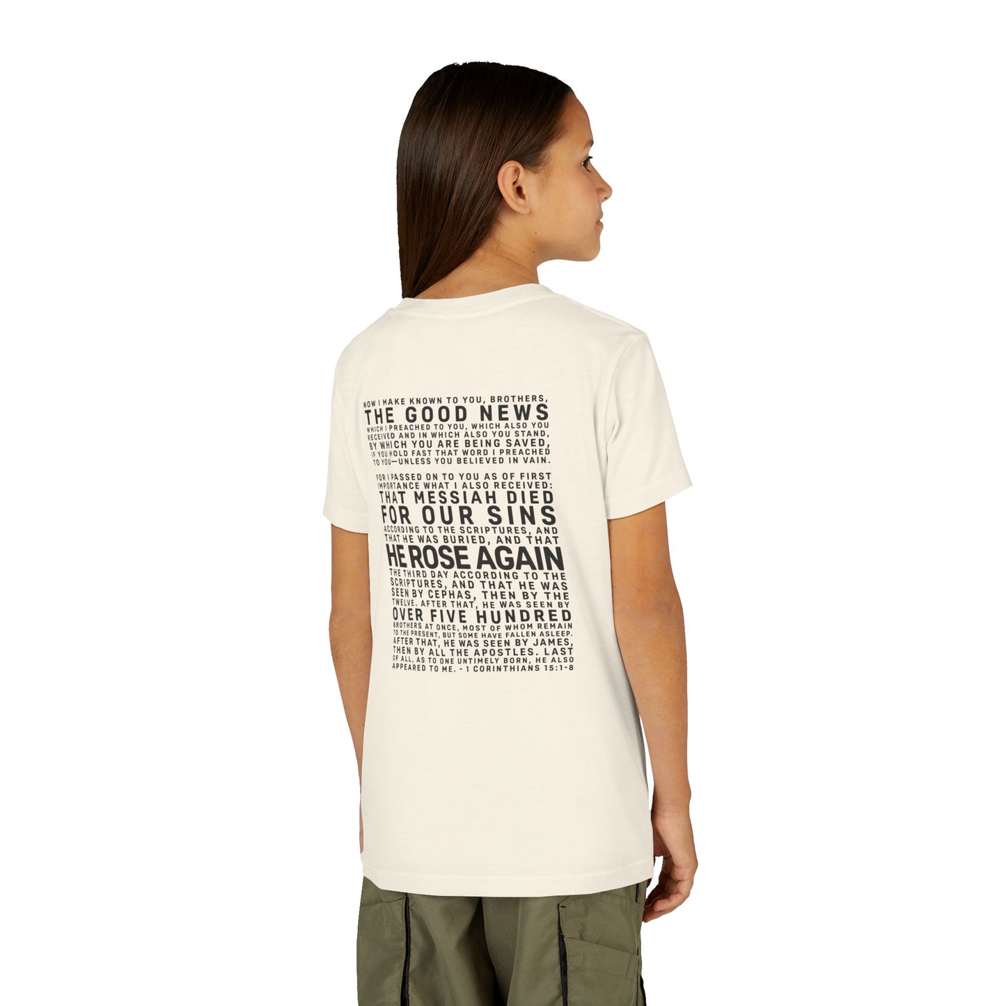 The Gospel - Youth Short Sleeve Tee - Back Text, Dark-Lettered Edition - (17 Colors)