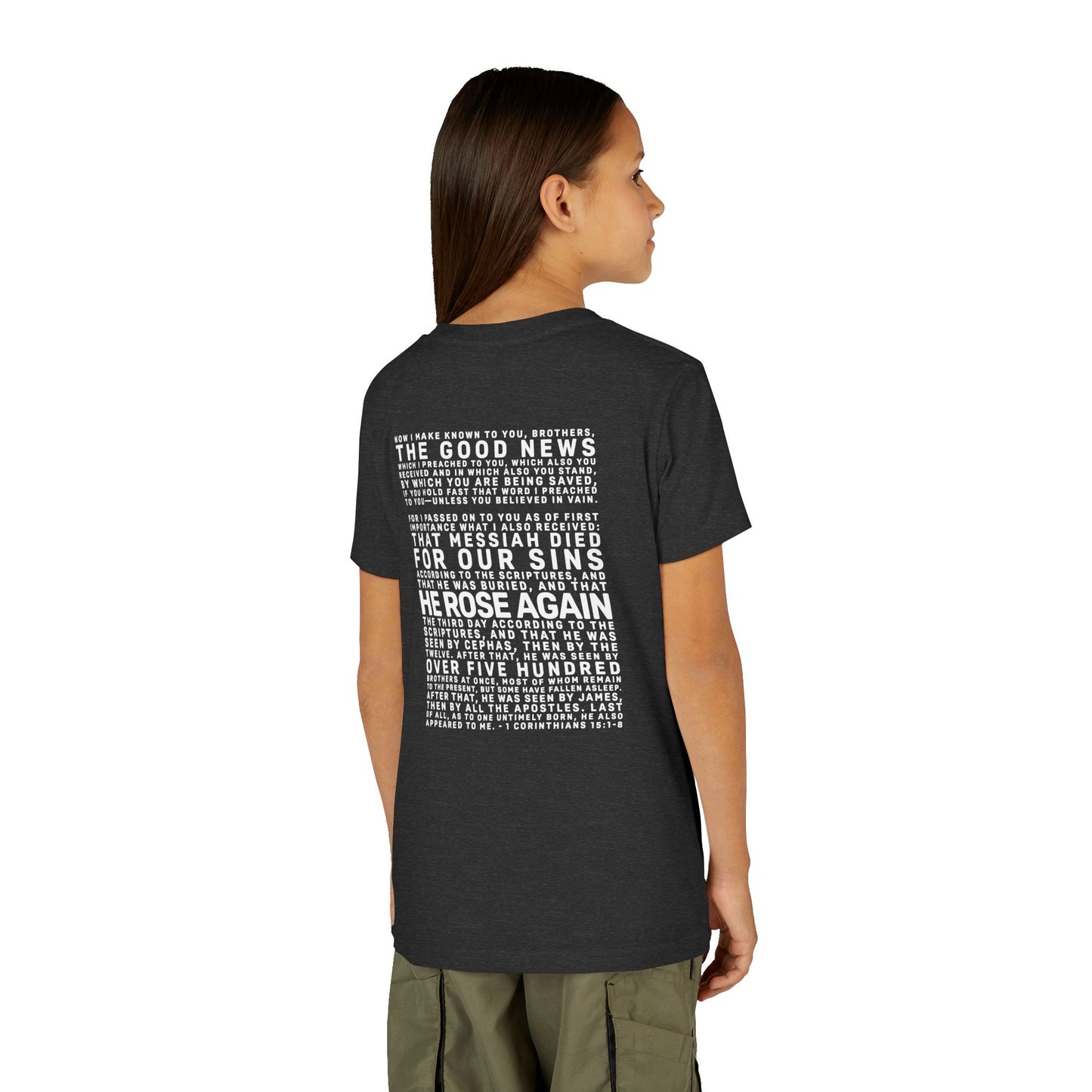 The Gospel - Youth Short Sleeve Tee - Back Text, Light-Lettered Edition - (22 Colors)