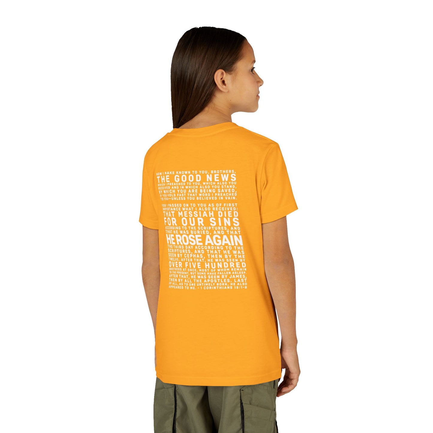 The Gospel - Youth Short Sleeve Tee - Back Text, Light-Lettered Edition - (22 Colors)