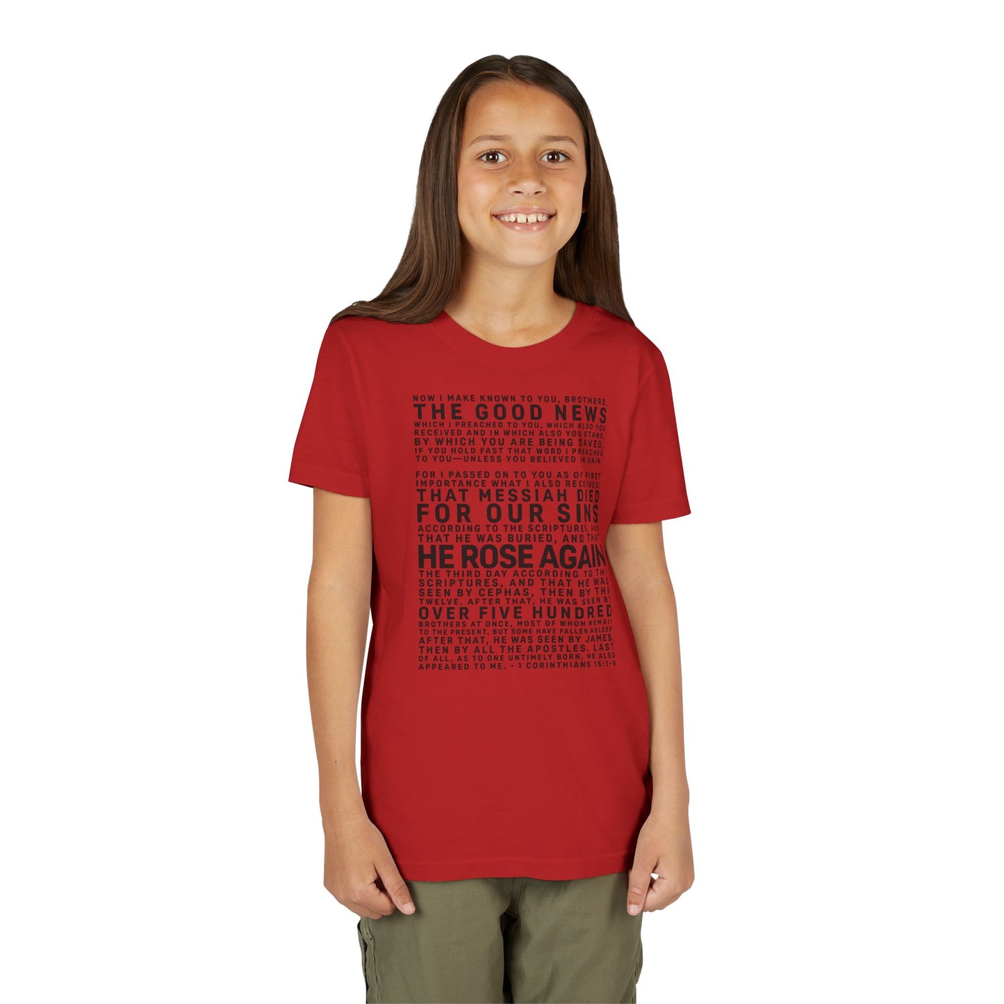 The Gospel - Youth Short Sleeve Tee - Front Text, Dark-Lettered Edition - (17 Colors)