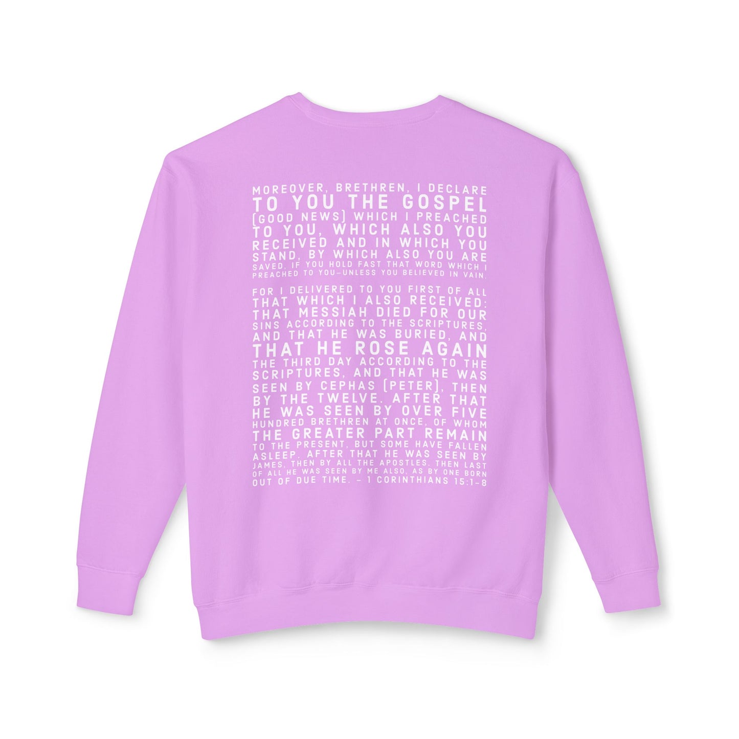 'I declare to you the gospel' - Back Text, Light Lettered Edition - (10 Color Options) - Adult Unisex Lightweight Crewneck Sweatshirt
