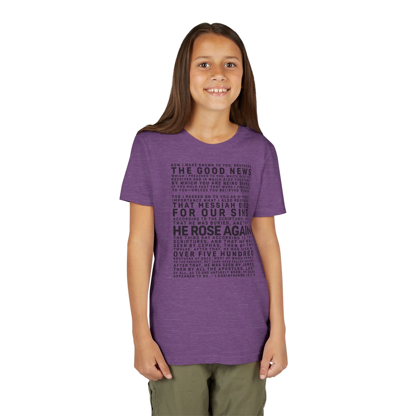 The Gospel - Youth Short Sleeve Tee - Front Text, Dark-Lettered Edition - (17 Colors)